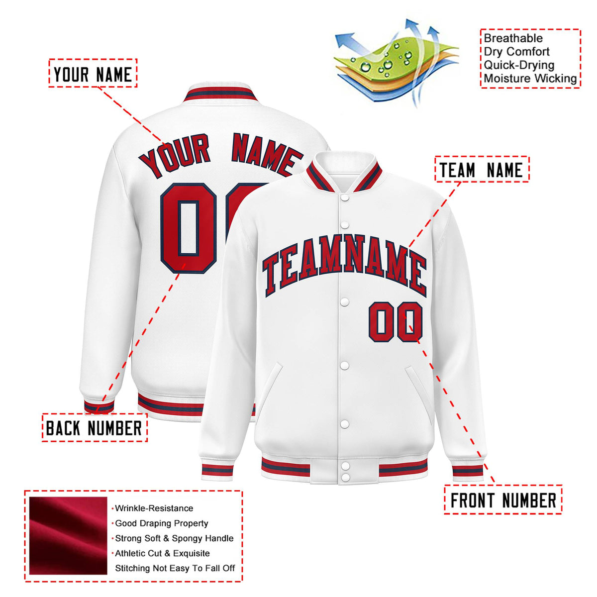 Custom White Red-Black Bomber Full-Snap Varsity Letterman Jacket