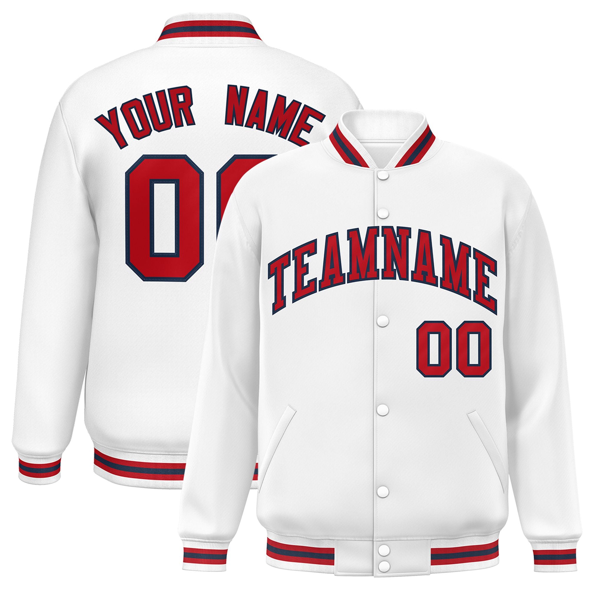 Custom White Red-Black Bomber Full-Snap Varsity Letterman Jacket