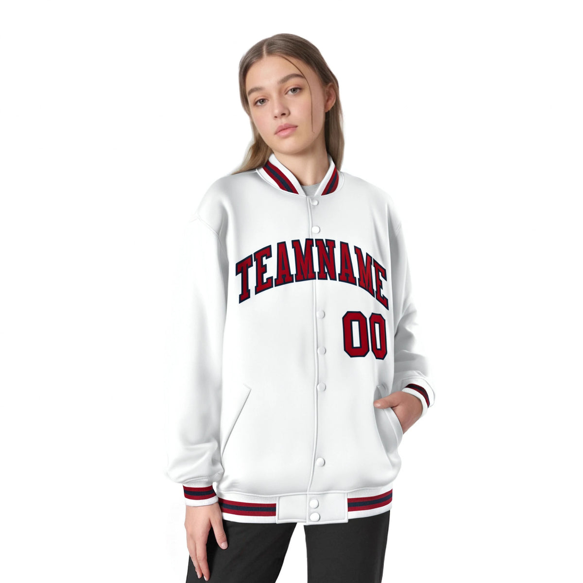 Custom White Red-Black Bomber Full-Snap Varsity Letterman Jacket