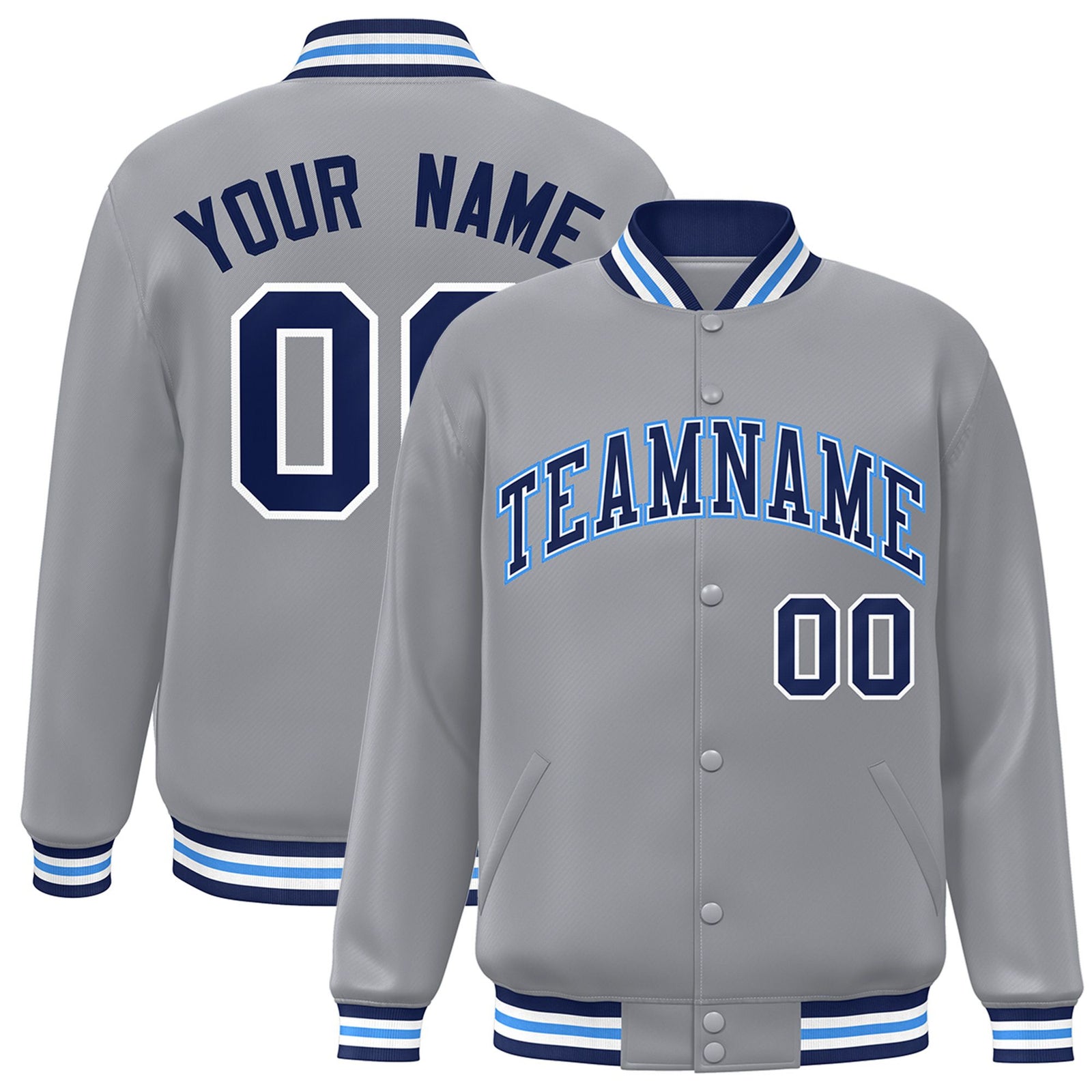 Custom Gray Navy-White Bomber Full-Snap Varsity Letterman Jacket