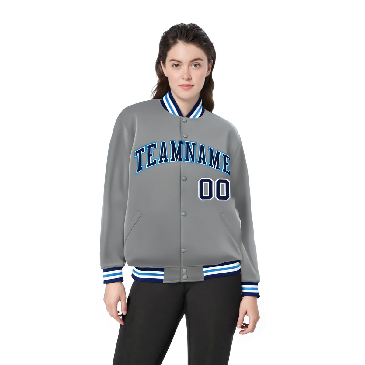 Custom Gray Navy-White Bomber Full-Snap Varsity Letterman Jacket