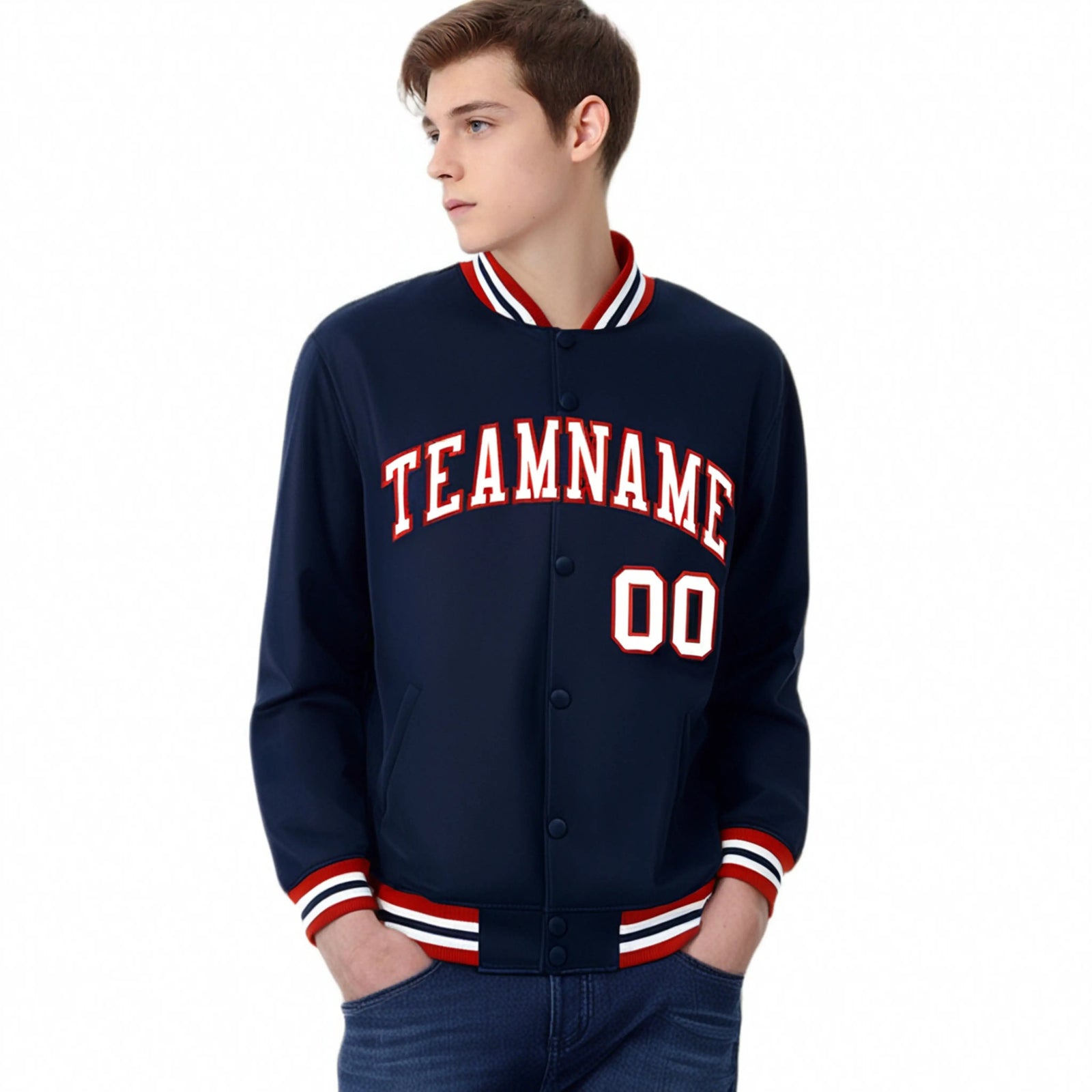 Custom Navy White-Red Bomber Full-Snap Varsity Letterman Jacket