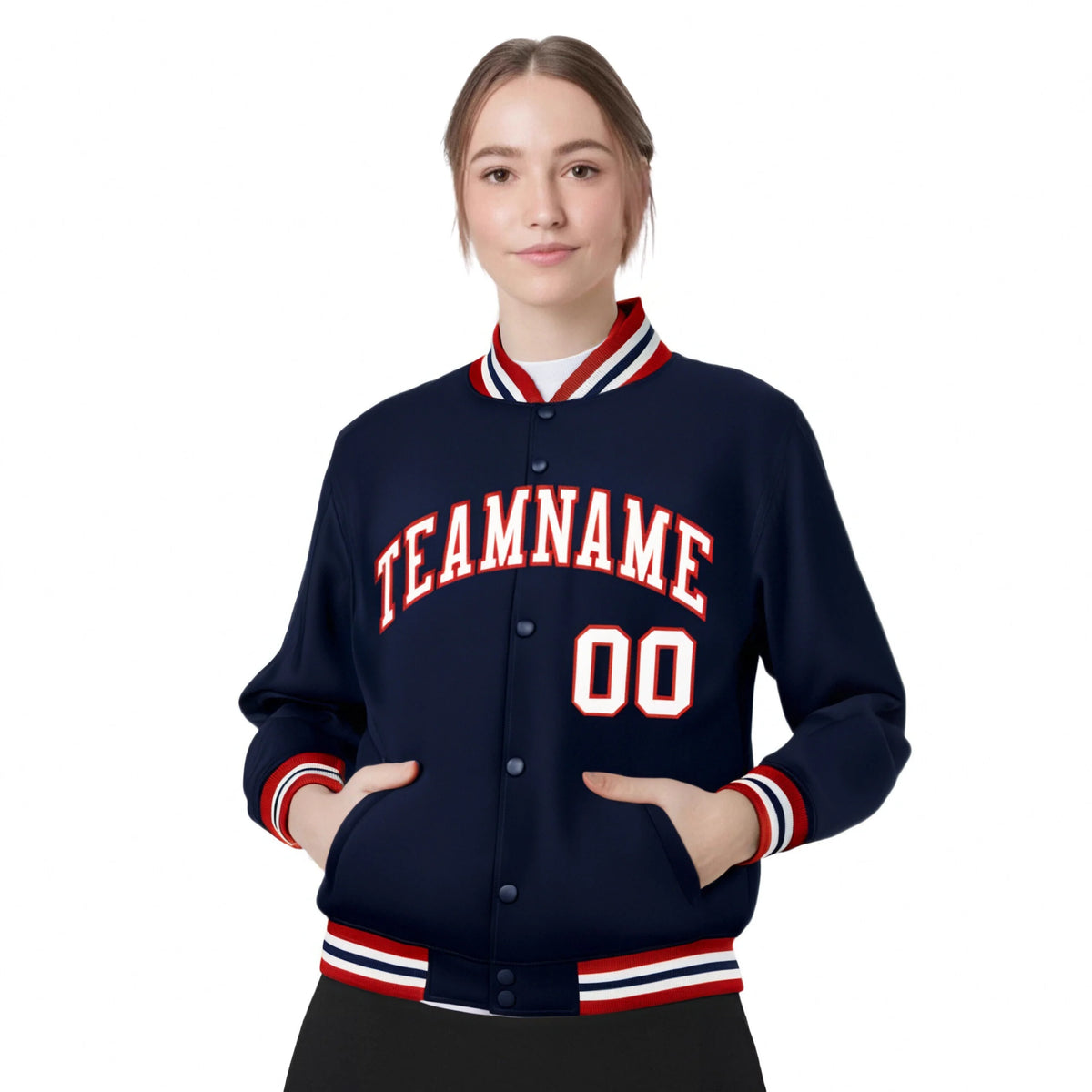 Custom Navy White-Red Bomber Full-Snap Varsity Letterman Jacket