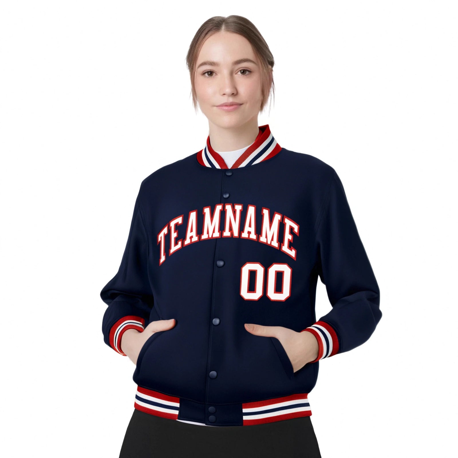 Custom Navy White-Red Bomber Full-Snap Varsity Letterman Jacket