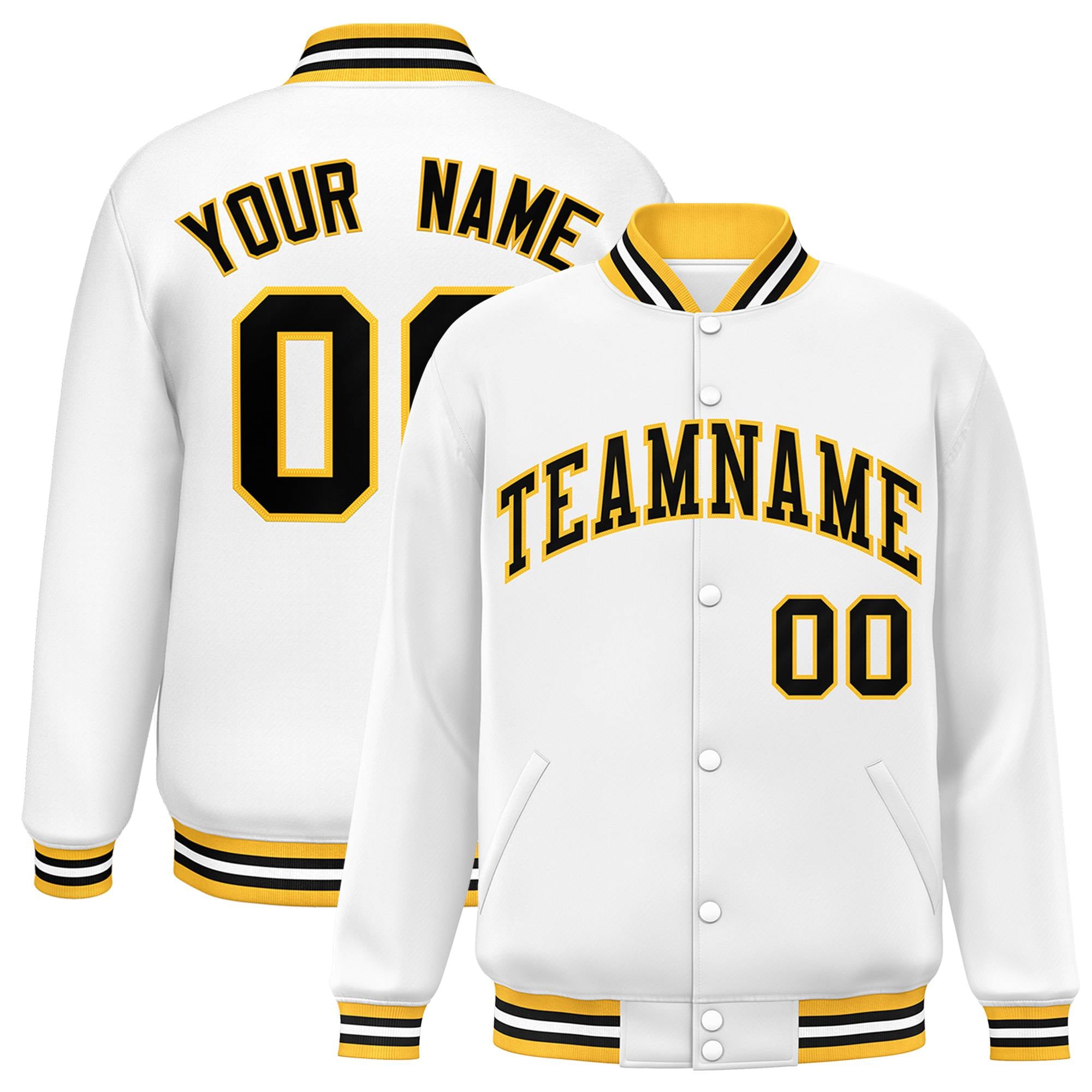 Custom White Black-Gold Bomber Full-Snap Varsity Letterman Jacket