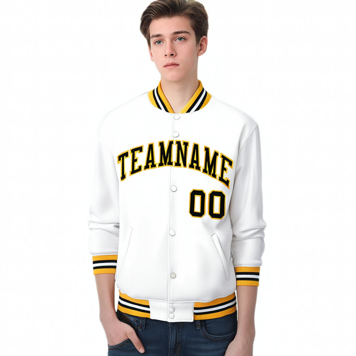 Custom White Black-Gold Bomber Full-Snap Varsity Letterman Jacket