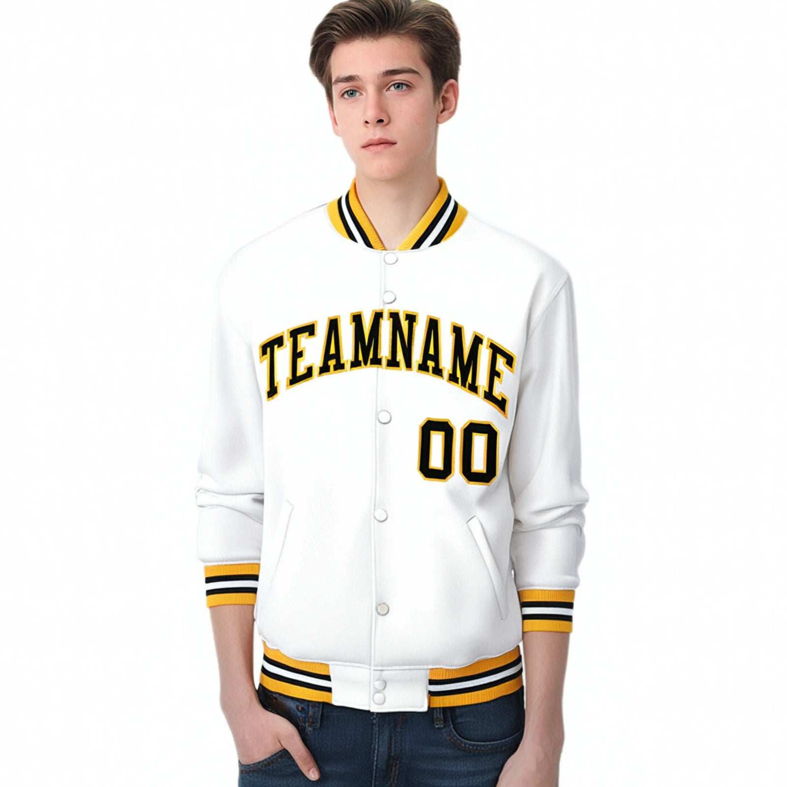 Custom White Black-Gold Bomber Full-Snap Varsity Letterman Jacket