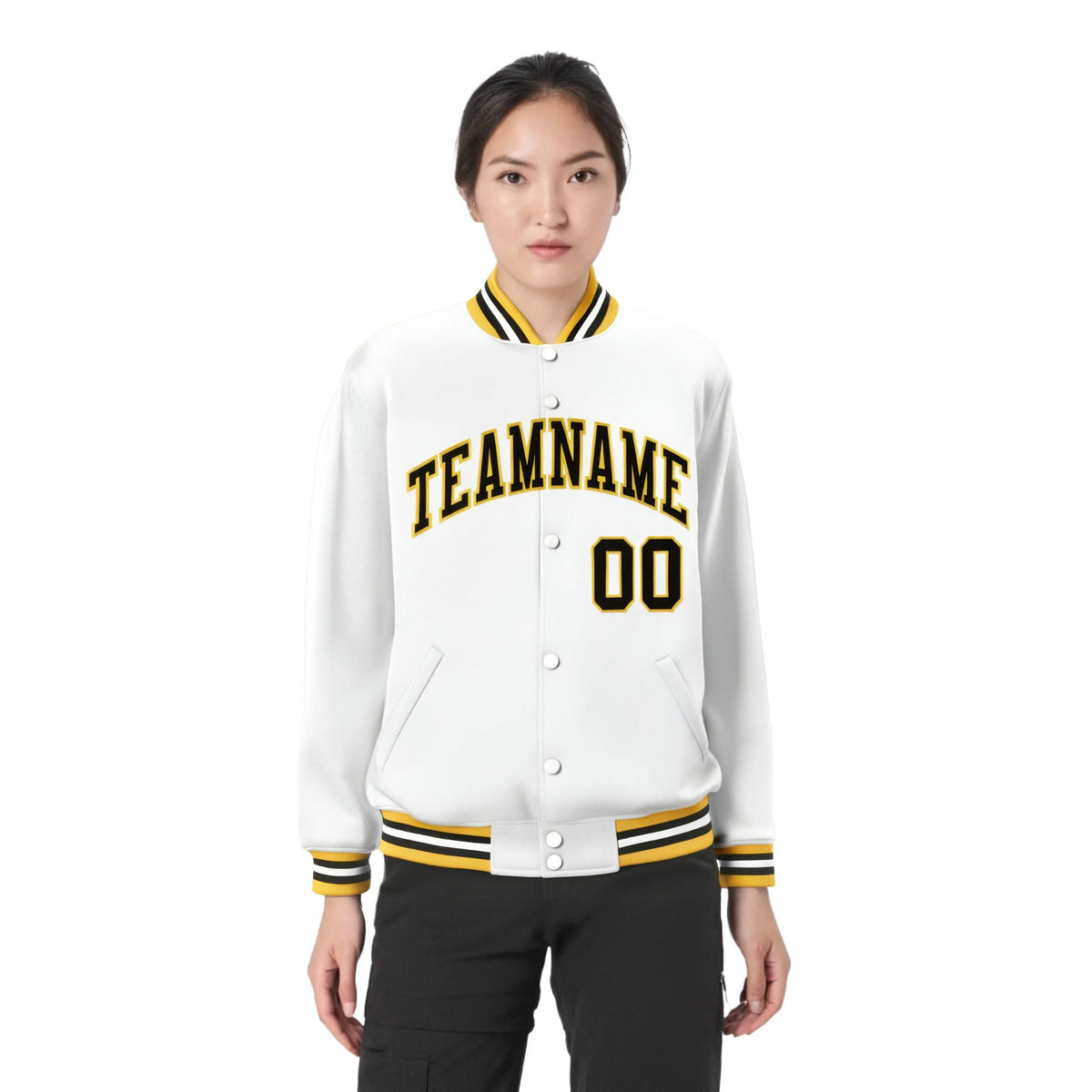 Custom White Black-Gold Bomber Full-Snap Varsity Letterman Jacket