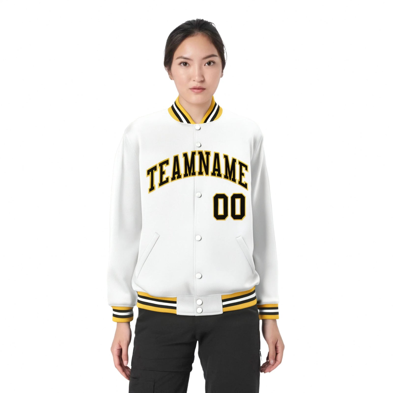 Custom White Black-Gold Bomber Full-Snap Varsity Letterman Jacket