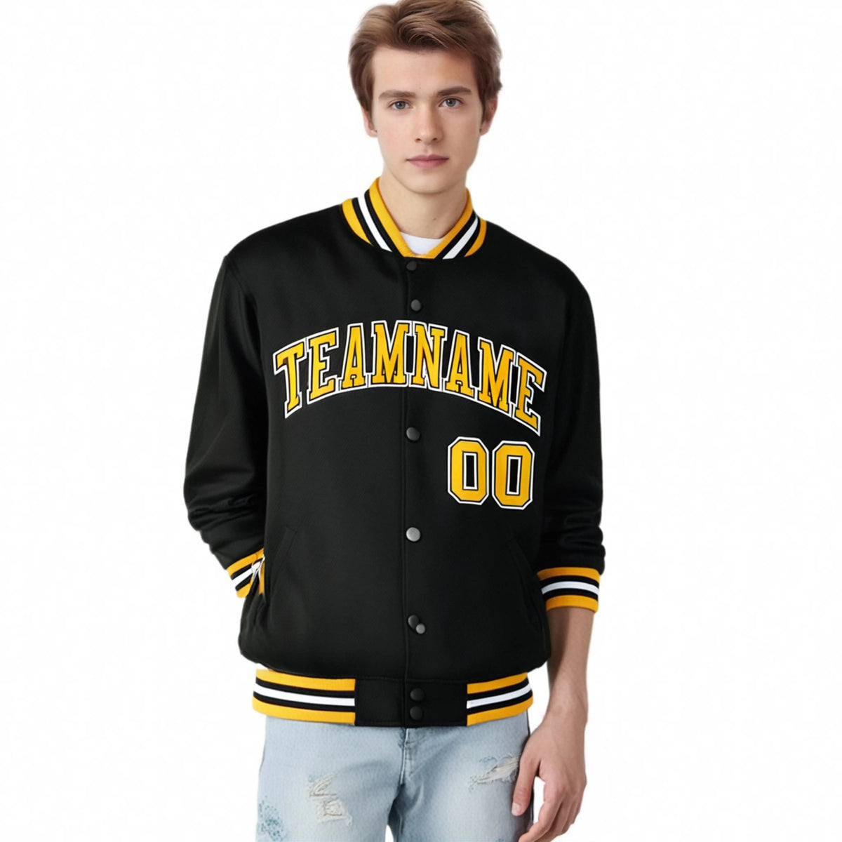 Custom Black Yellow-White Bomber Full-Snap Varsity Letterman Jacket