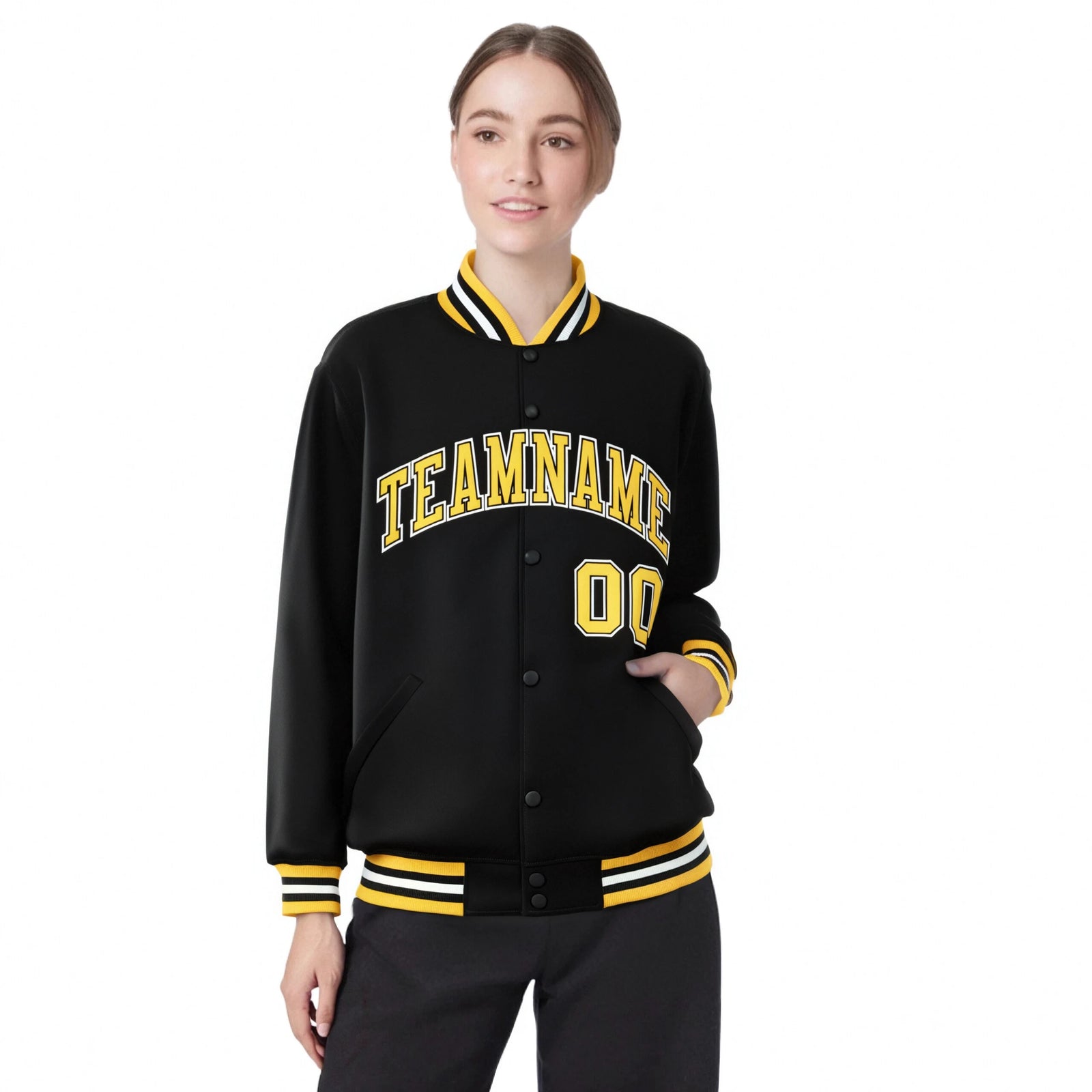 Custom Black Yellow-White Bomber Full-Snap Varsity Letterman Jacket