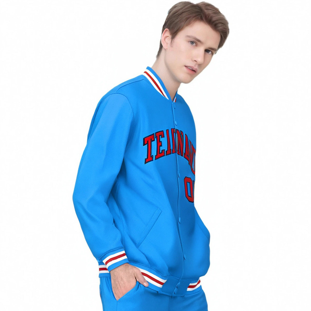 Custom Light Blue Red-White Bomber Full-Snap Varsity Letterman Jacket