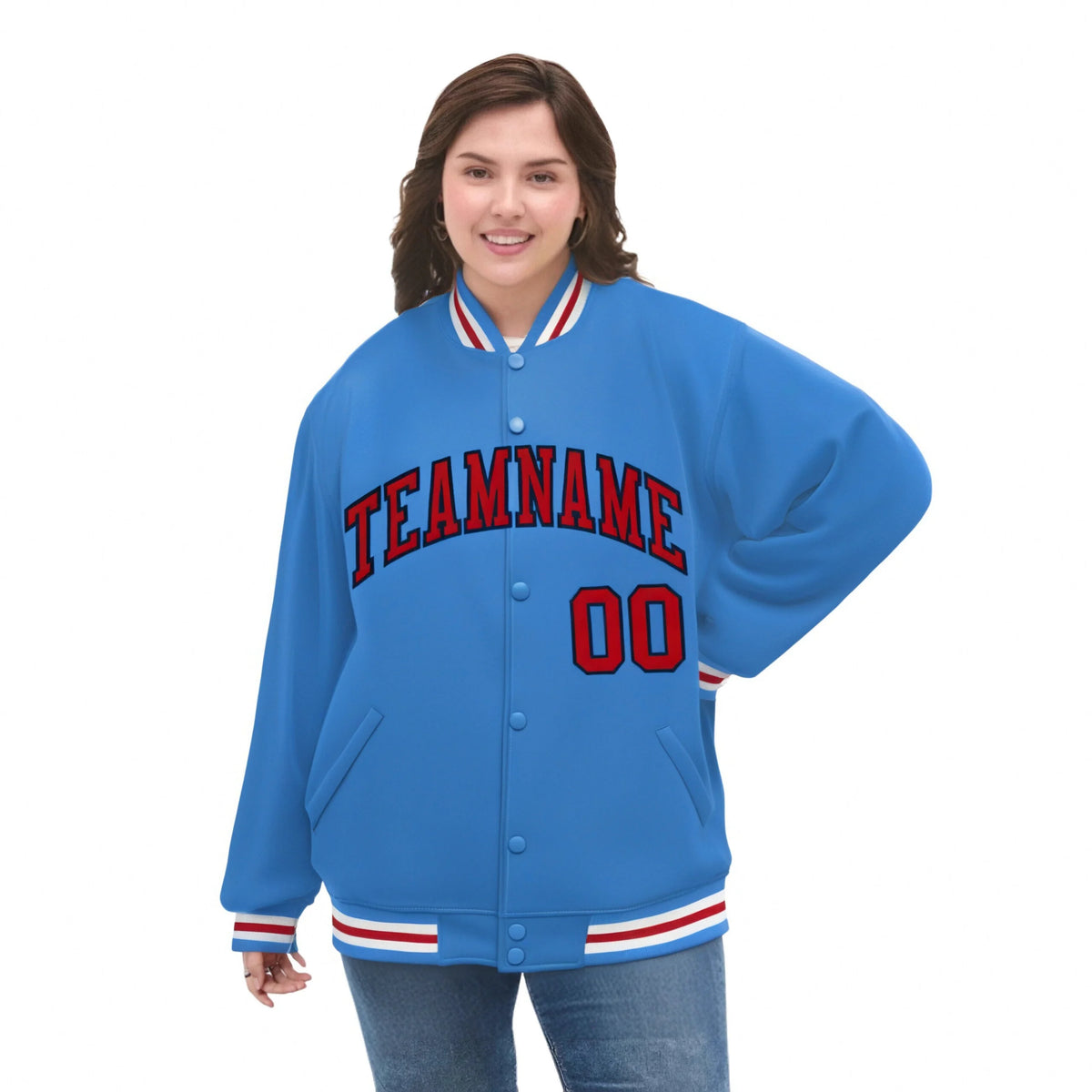 Custom Light Blue Red-White Bomber Full-Snap Varsity Letterman Jacket