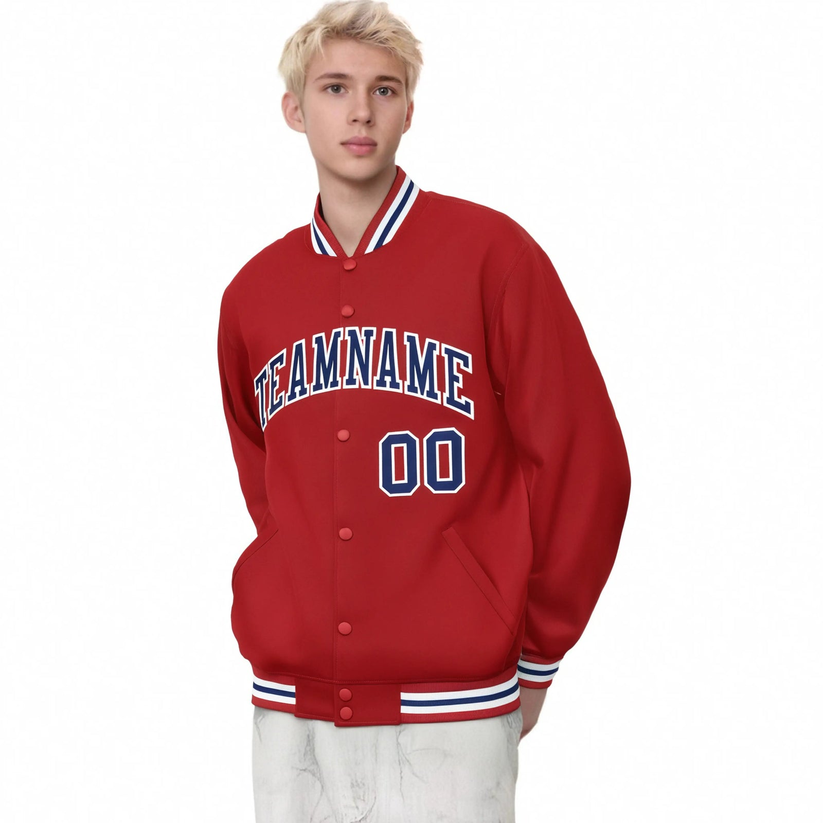 Custom Royal-Red Purple-White Bomber Full-Snap Varsity Letterman Jacket