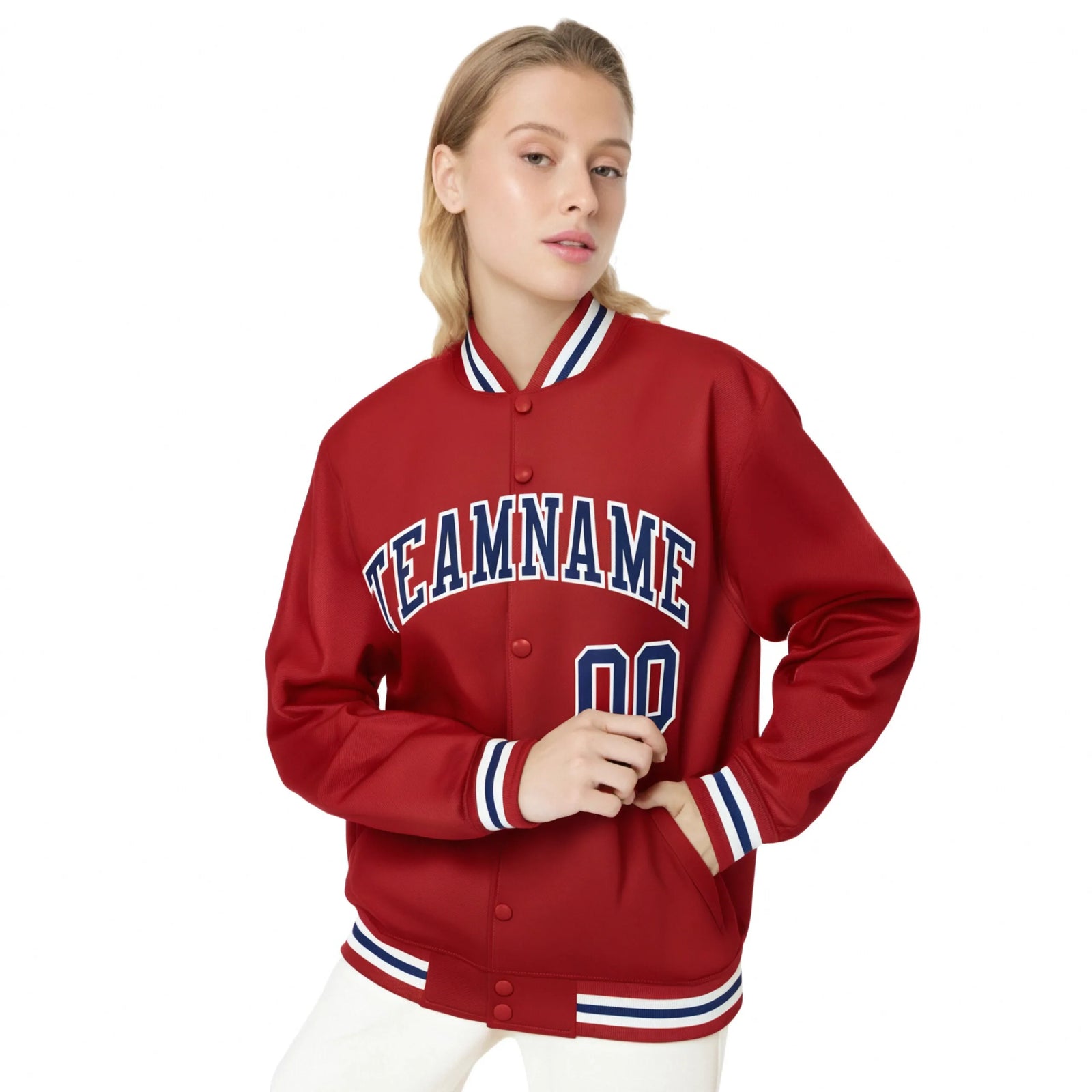 Custom Royal-Red Purple-White Bomber Full-Snap Varsity Letterman Jacket
