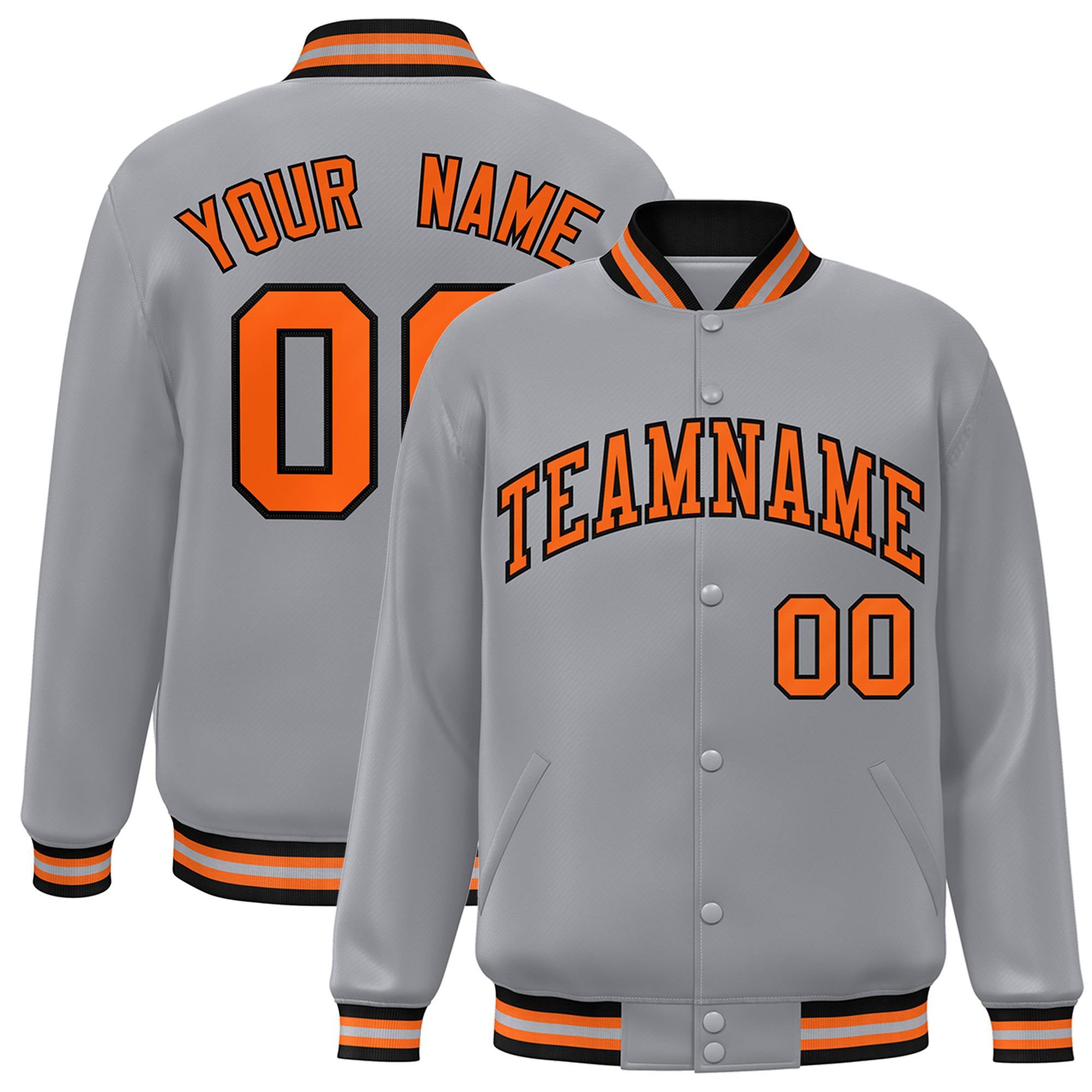 Custom Gray Orange-Black Bomber Full-Snap Varsity Letterman Jacket