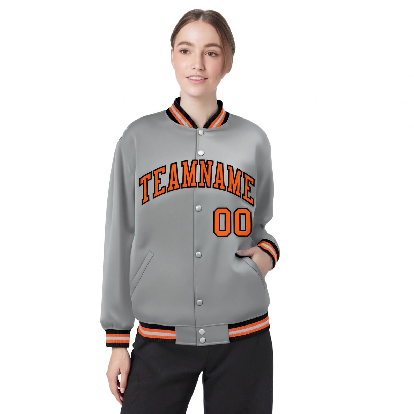 Custom Gray Orange-Black Bomber Full-Snap Varsity Letterman Jacket