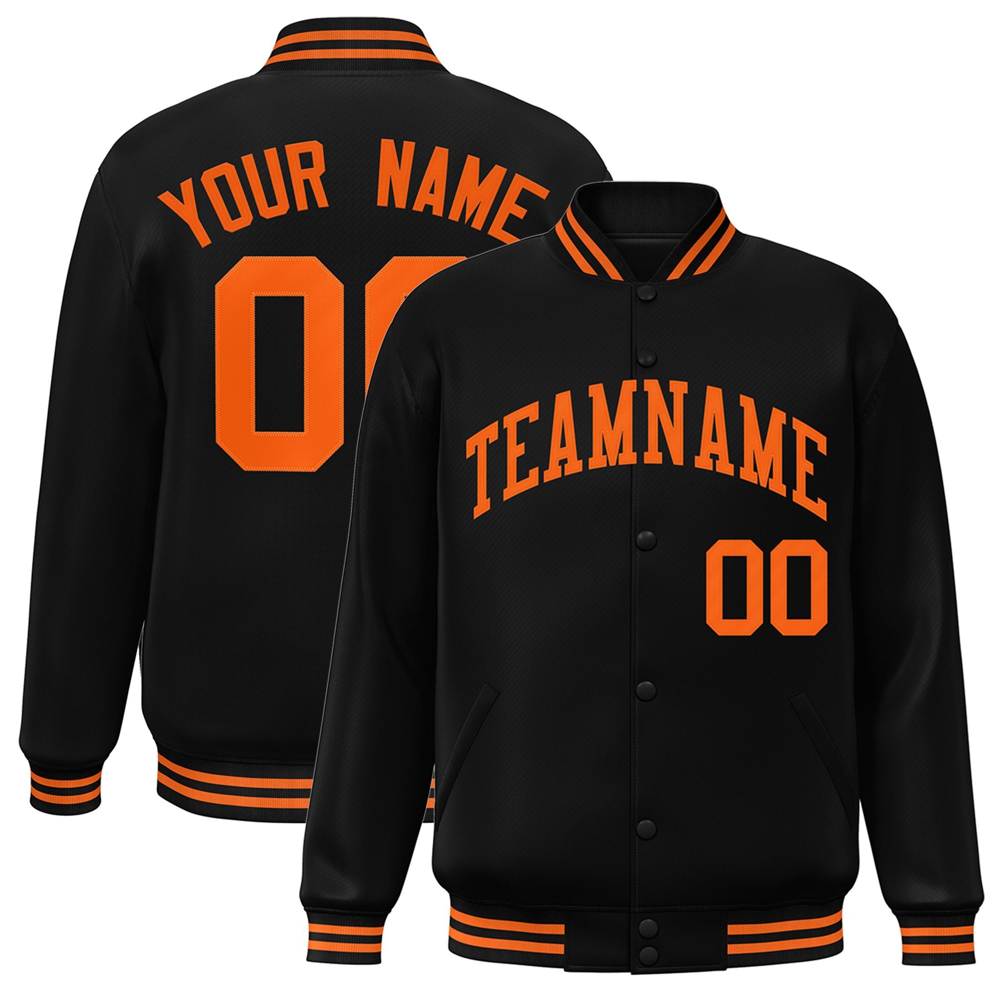 Custom Black Orange Bomber Full-Snap Varsity Letterman Jacket