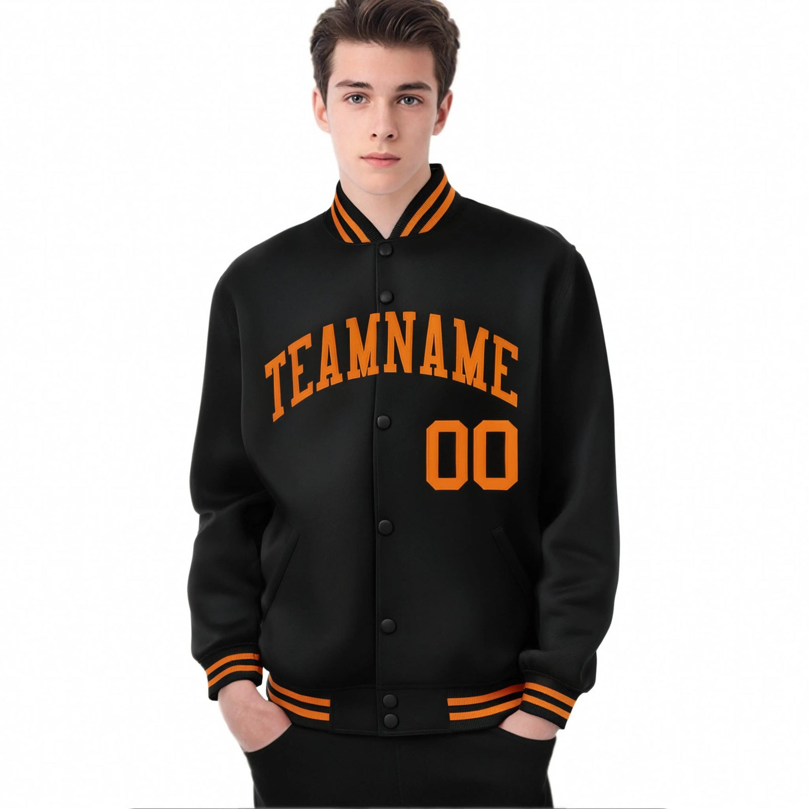 Custom Black Orange Bomber Full-Snap Varsity Letterman Jacket