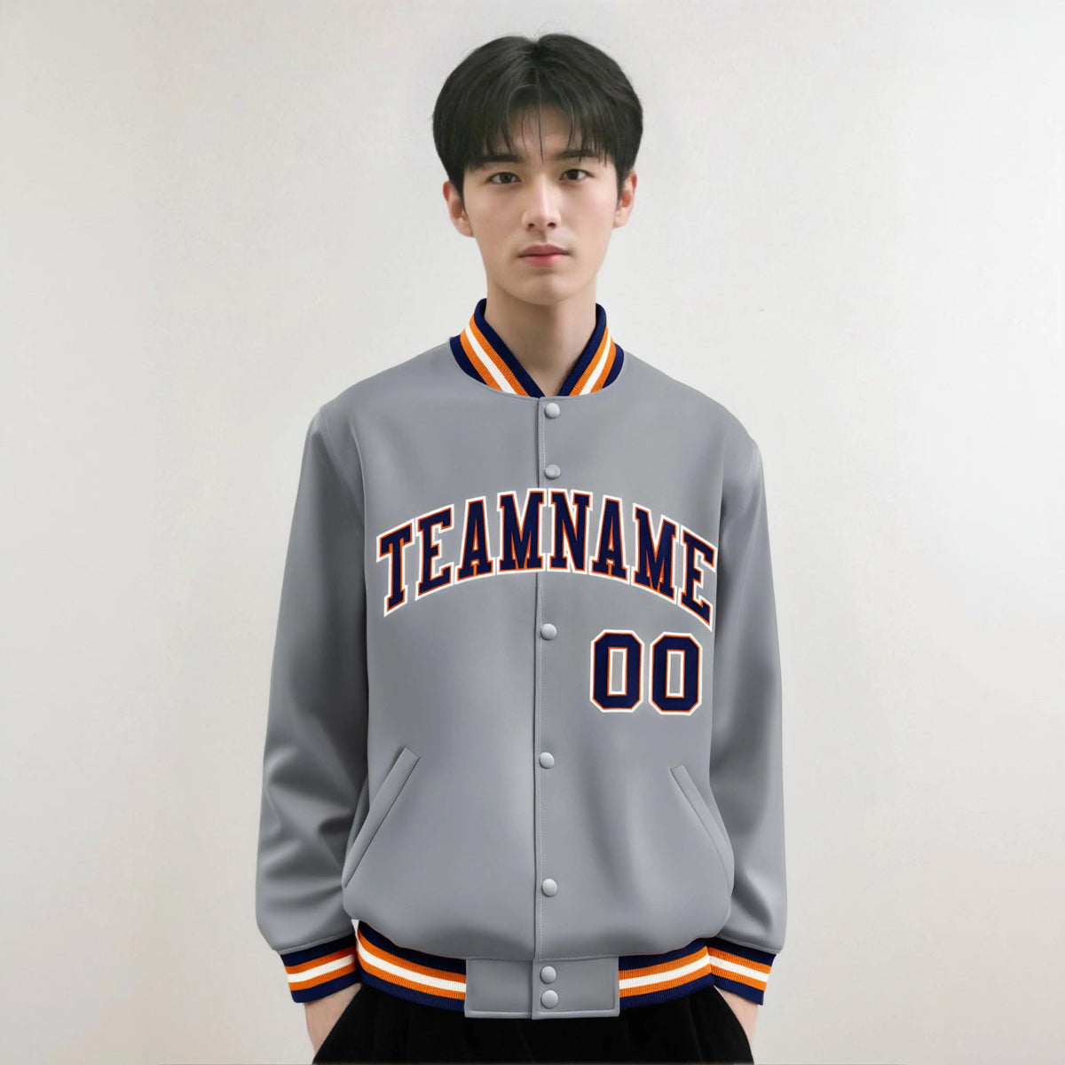 Custom Gray Navy-Orange Bomber Full-Snap Varsity Letterman Jacket