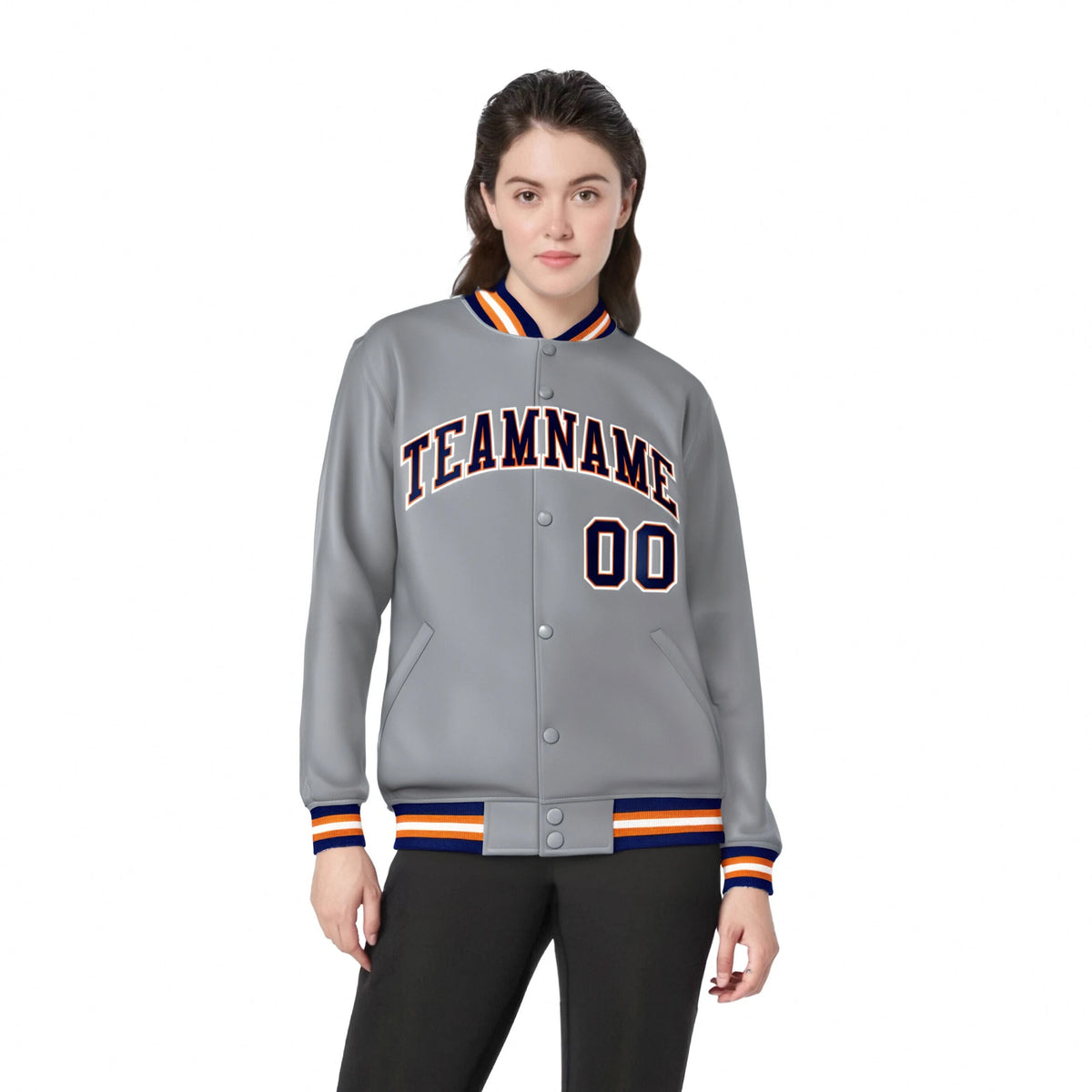 Custom Gray Navy-Orange Bomber Full-Snap Varsity Letterman Jacket
