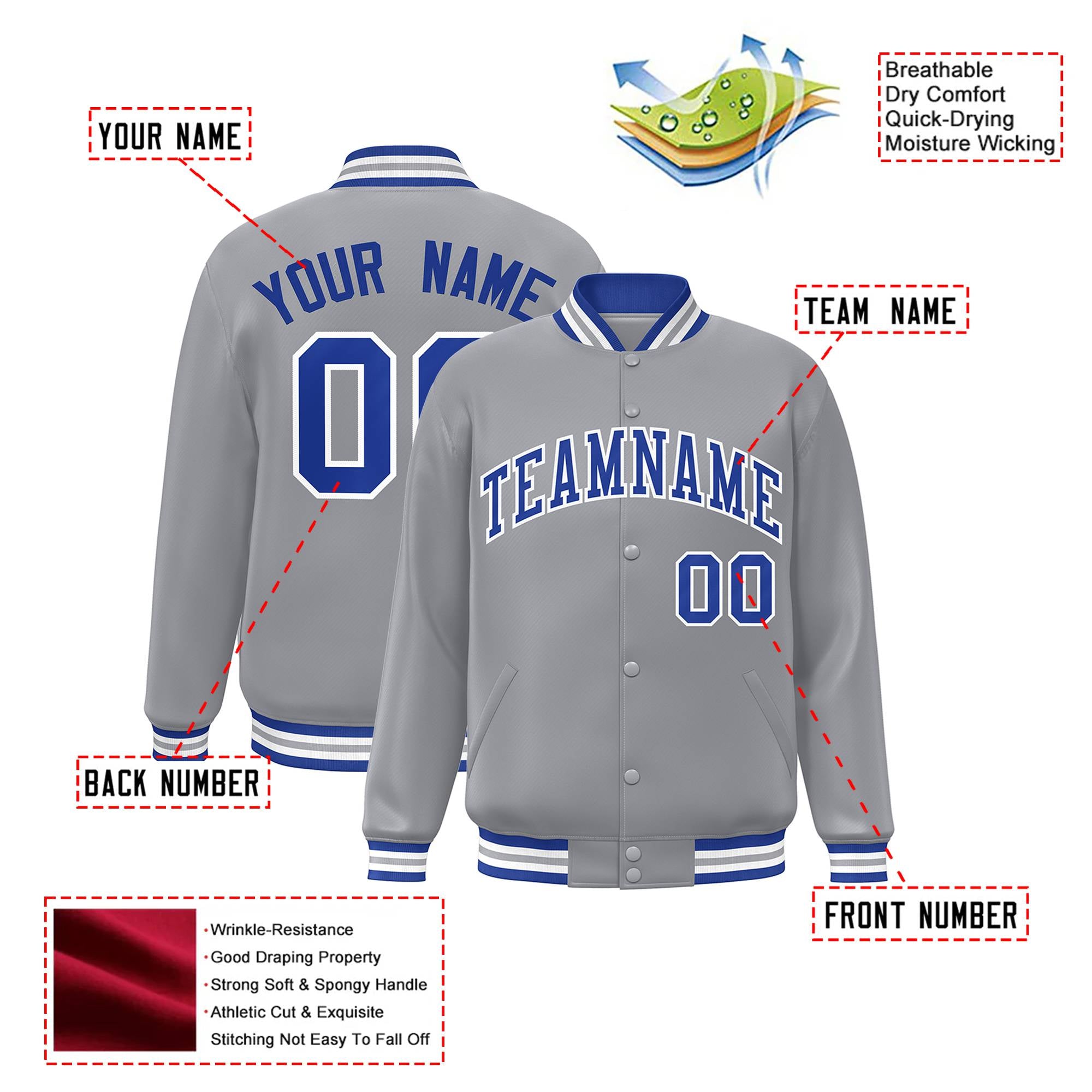 Custom Gray Blue-White Bomber Full-Snap Varsity Letterman Jacket