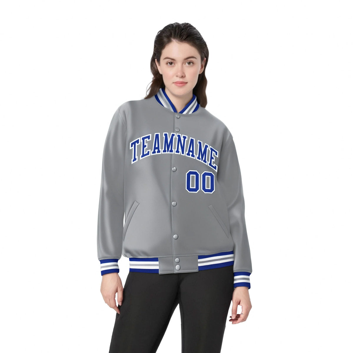 Custom Gray Blue-White Bomber Full-Snap Varsity Letterman Jacket