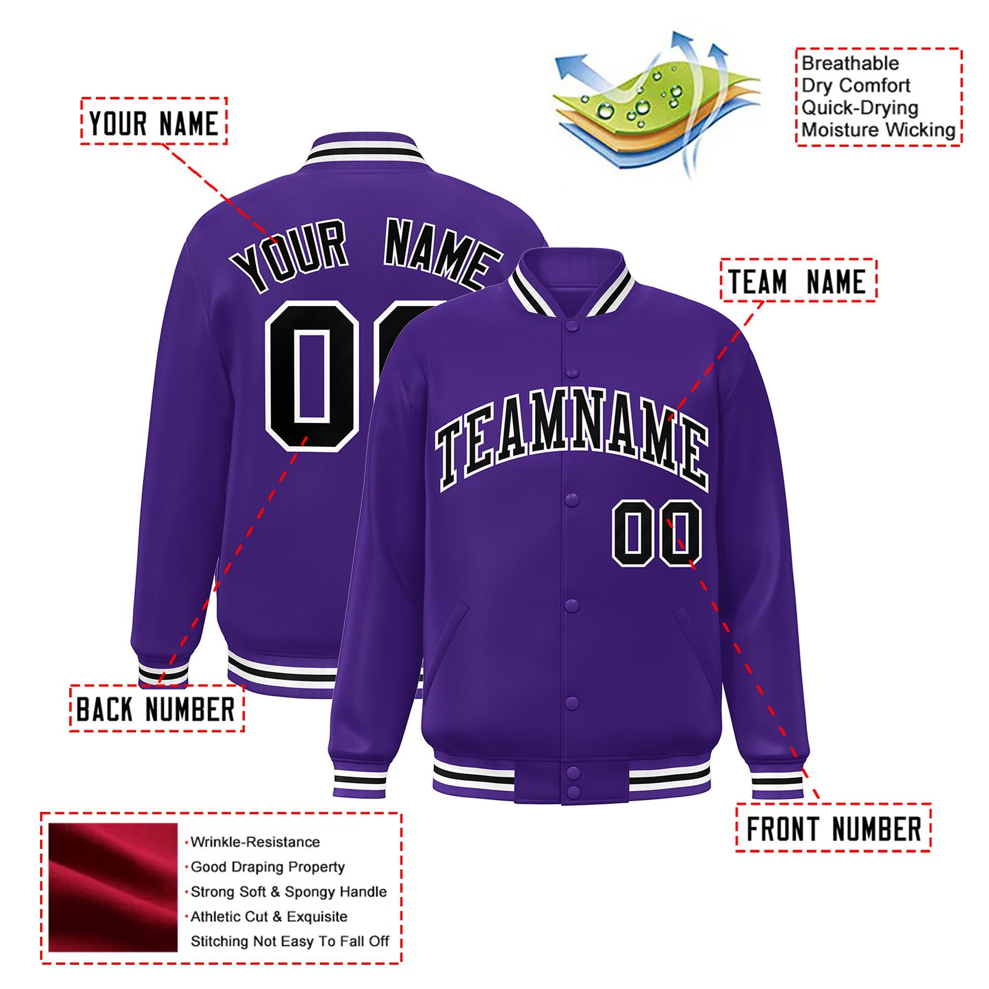 Custom Purple Black-White Bomber Full-Snap Varsity Letterman Jacket