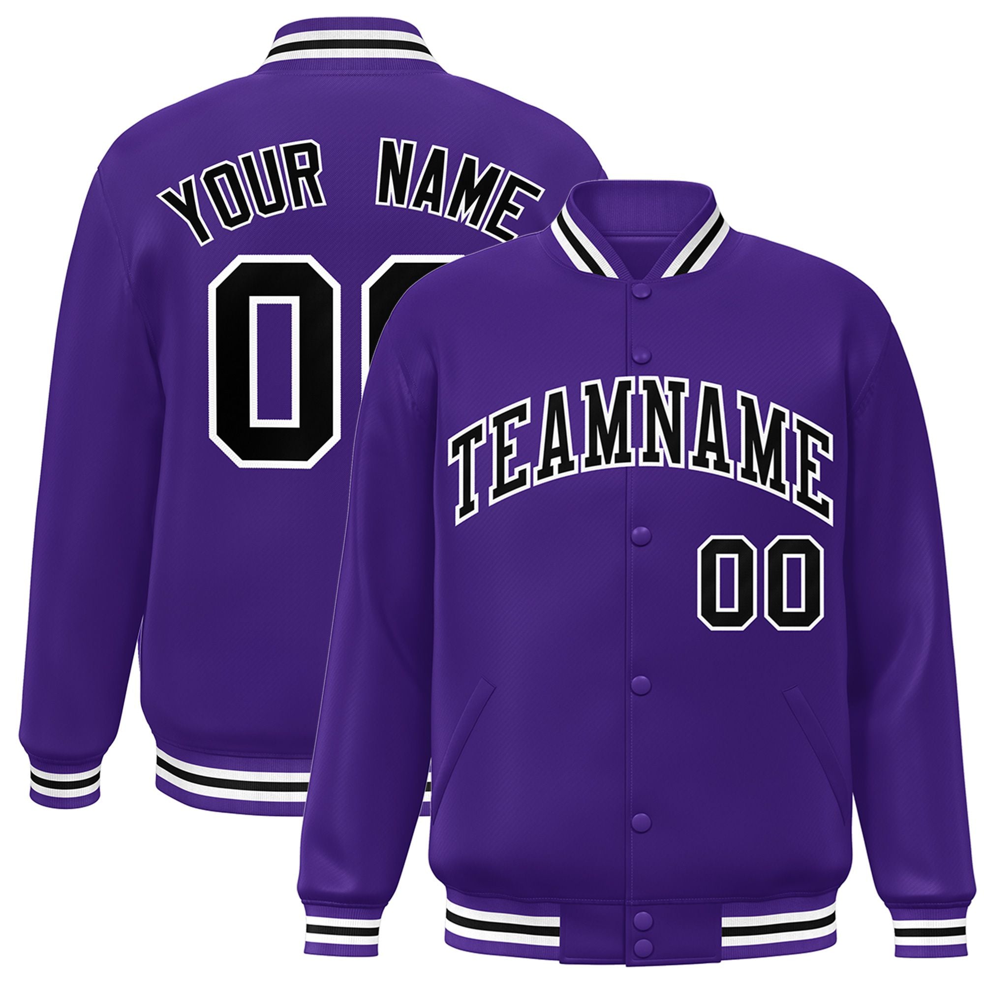 Custom Purple Black-White Bomber Full-Snap Varsity Letterman Jacket