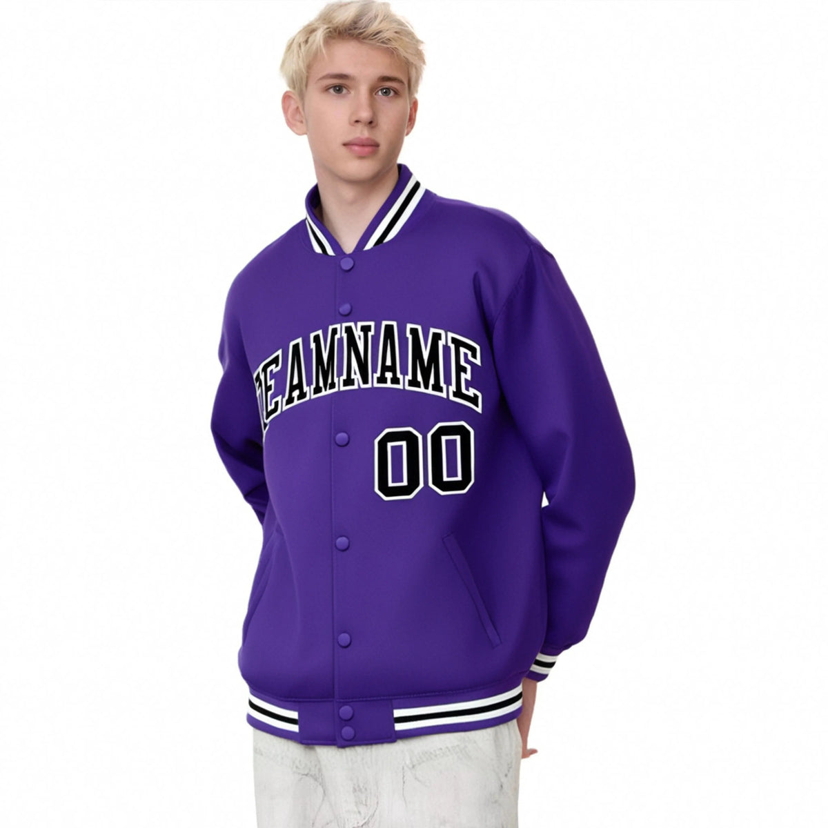 Custom Purple Black-White Bomber Full-Snap Varsity Letterman Jacket