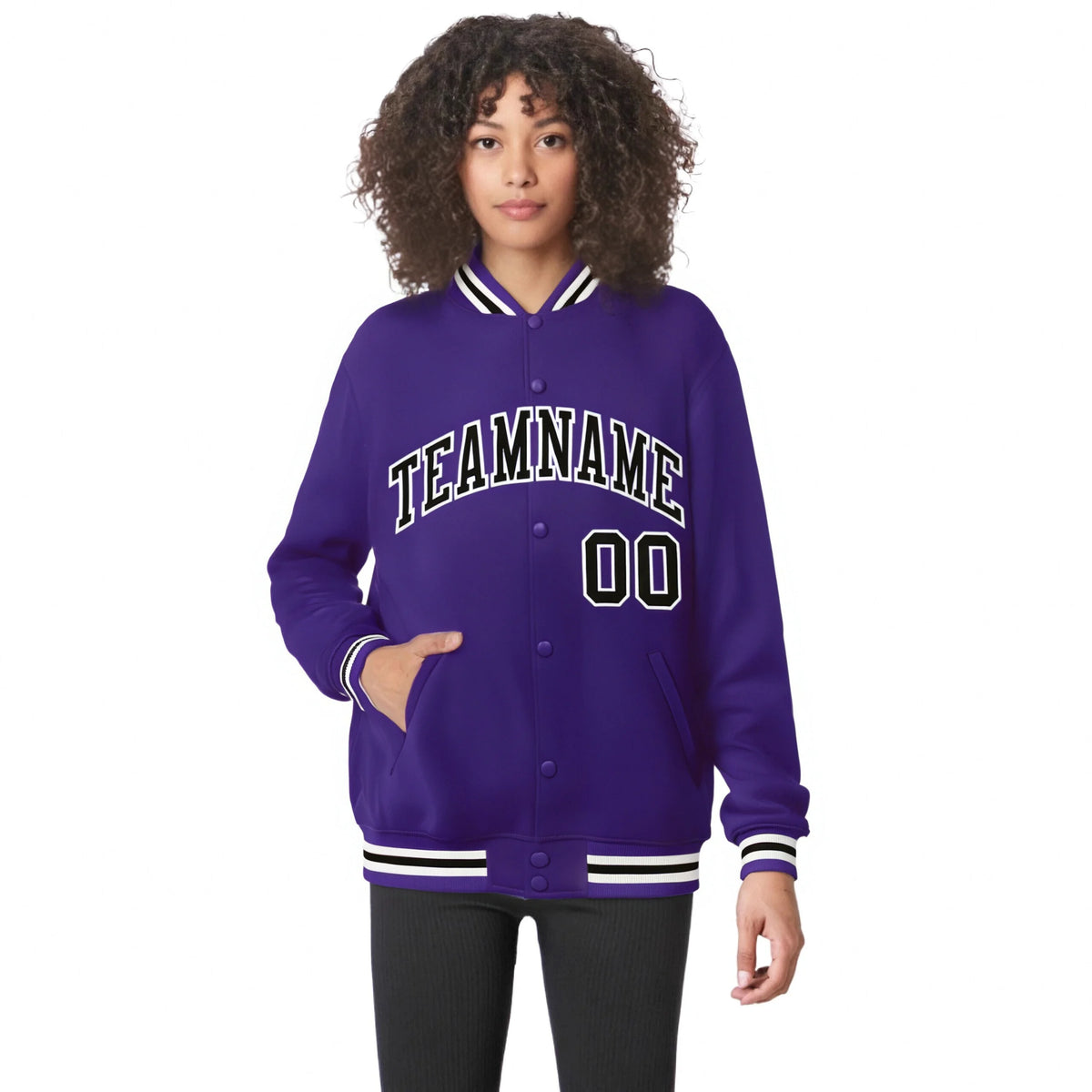 Custom Purple Black-White Bomber Full-Snap Varsity Letterman Jacket