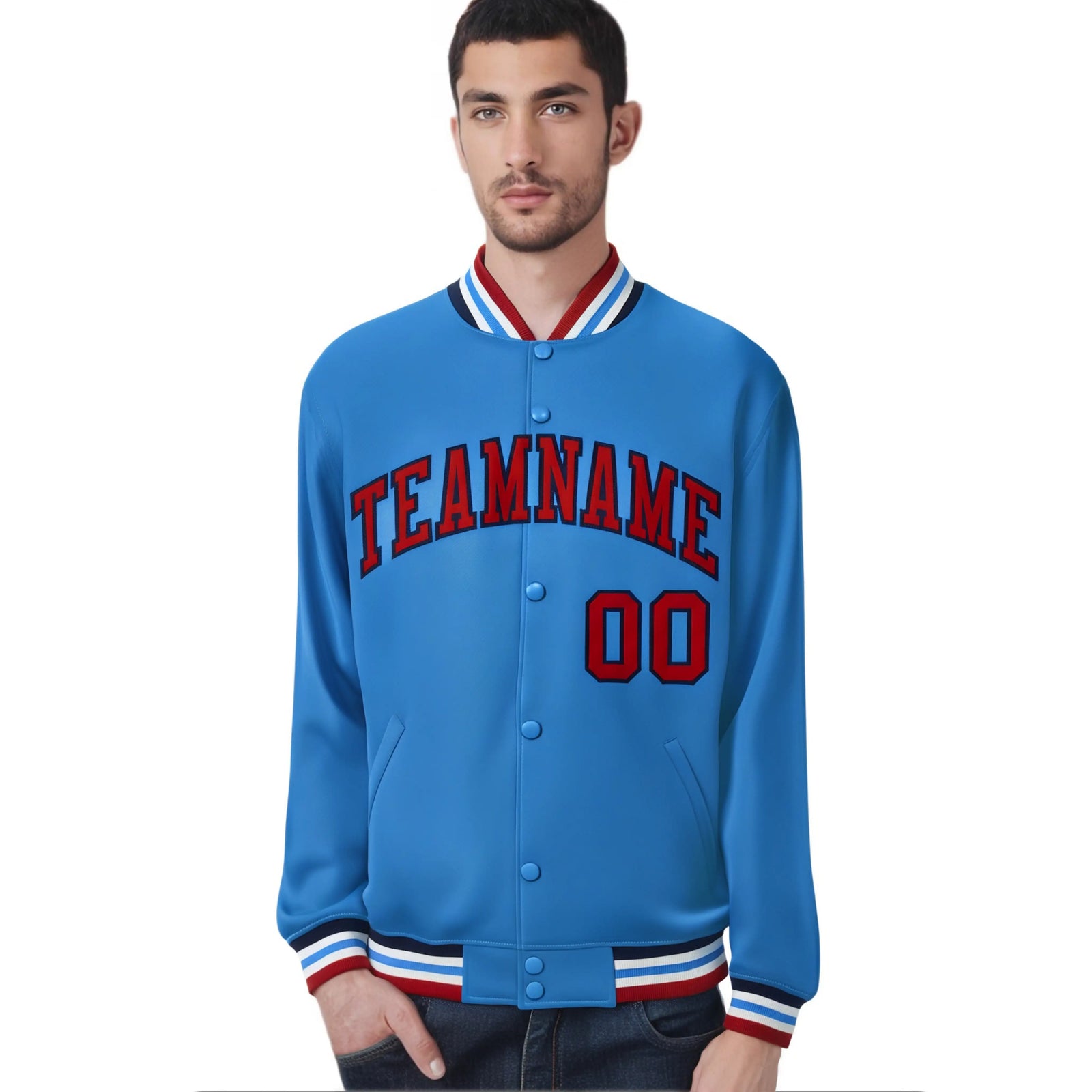 Custom Light Blue Red-Black Bomber Full-Snap Varsity Letterman Jacket