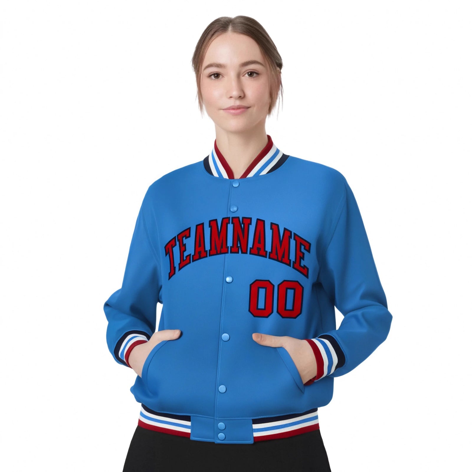 Custom Light Blue Red-Black Bomber Full-Snap Varsity Letterman Jacket