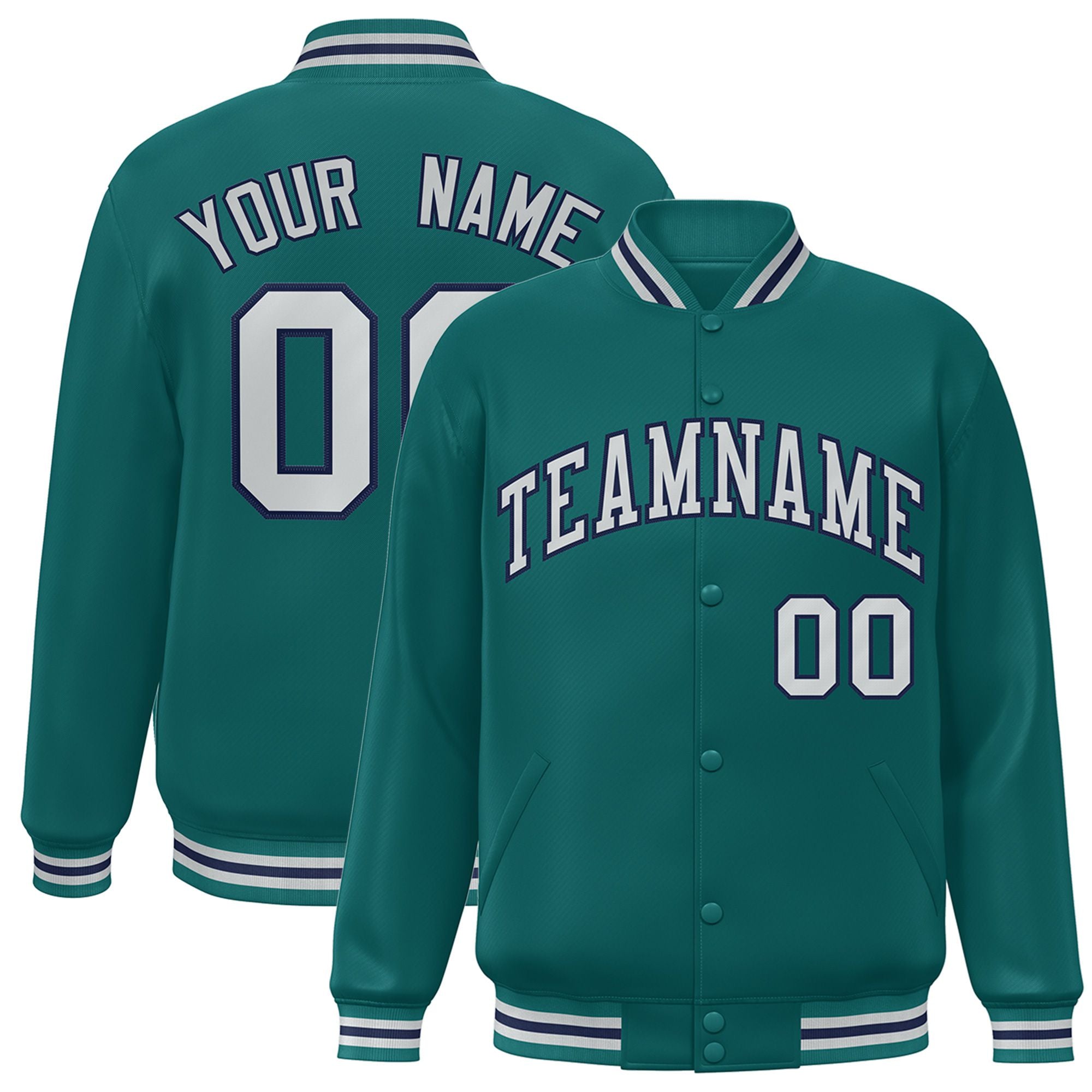 Custom Aqua Gray-Navy Bomber Full-Snap Varsity Letterman Jacket