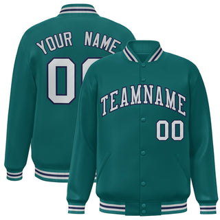 Custom Aqua Gray-Navy Bomber Full-Snap Varsity Letterman Jacket - Style 1