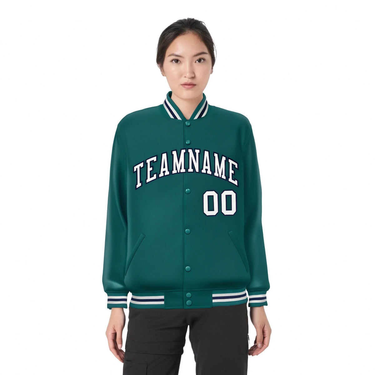 Custom Aqua Gray-Navy Bomber Full-Snap Varsity Letterman Jacket