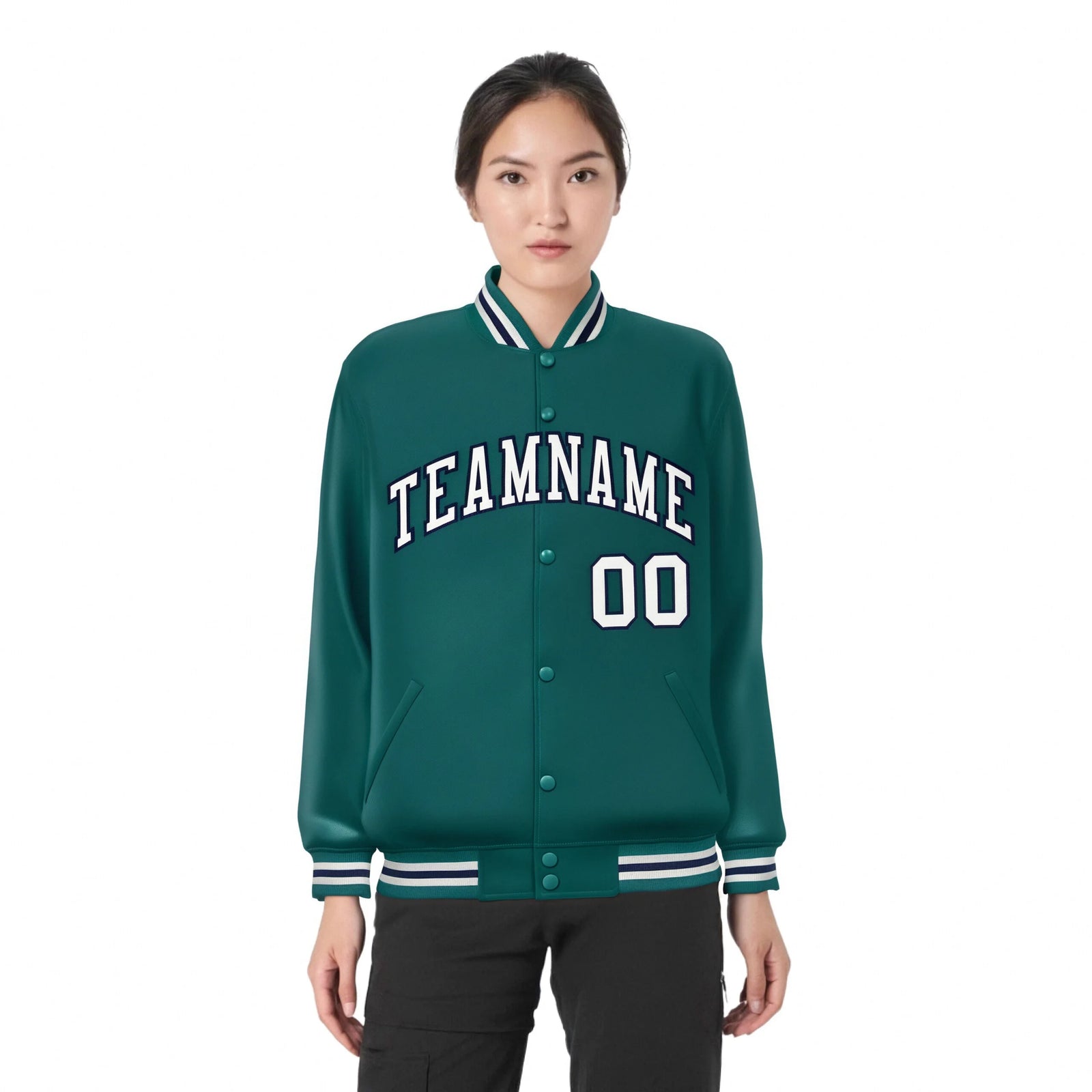 Custom Aqua Gray-Navy Bomber Full-Snap Varsity Letterman Jacket