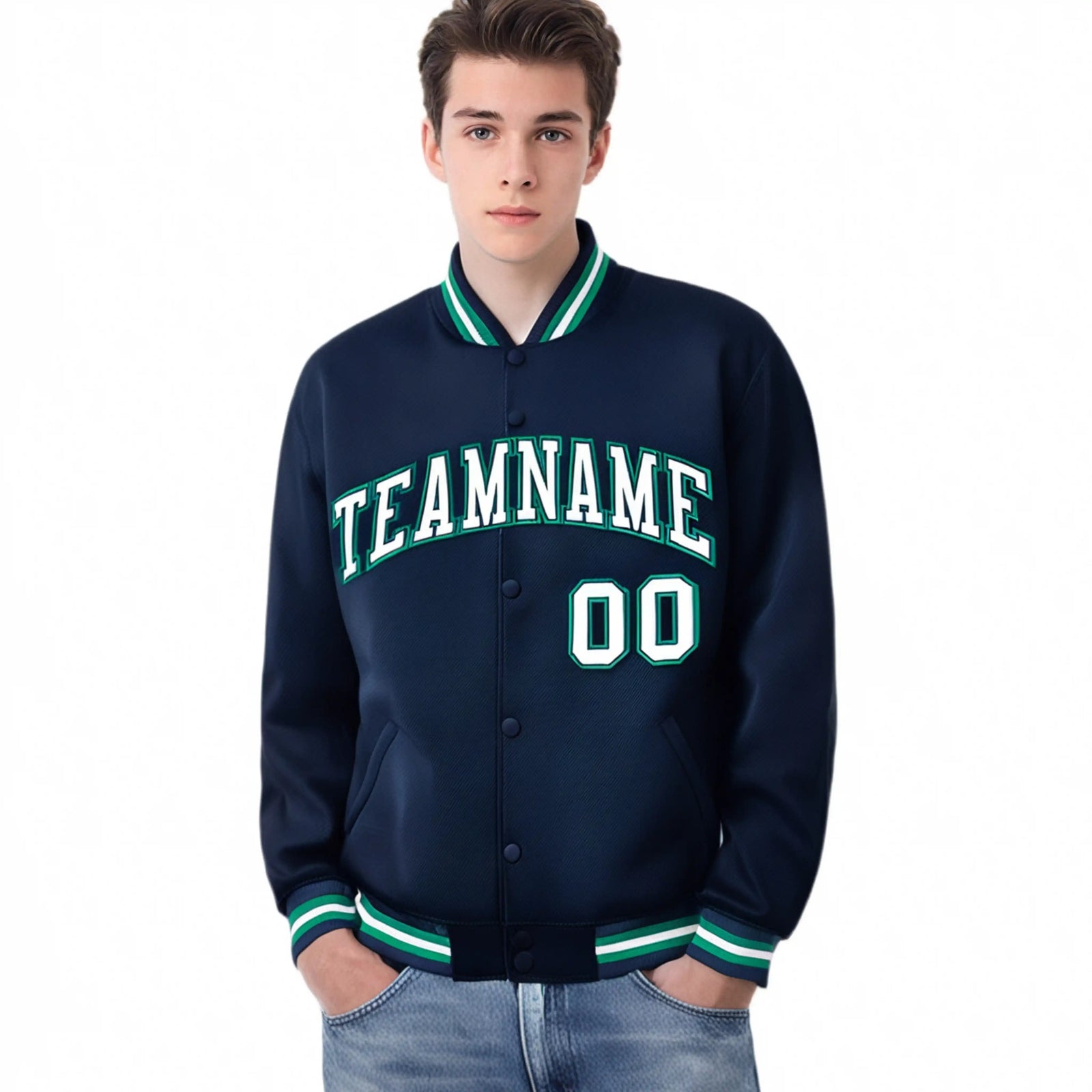 Custom Navy Gray-Aqua Bomber Full-Snap Varsity Letterman Jacket