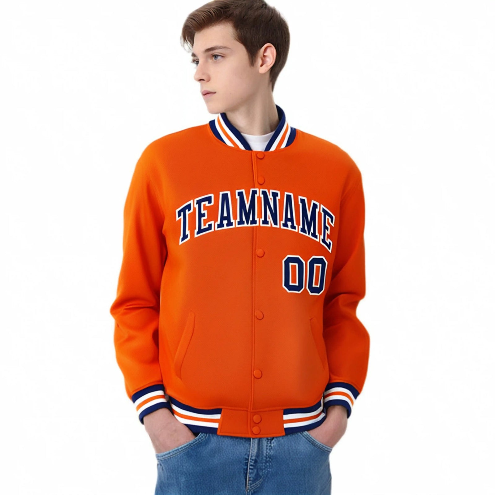 Custom Orange Navy-White Bomber Full-Snap Varsity Letterman Jacket
