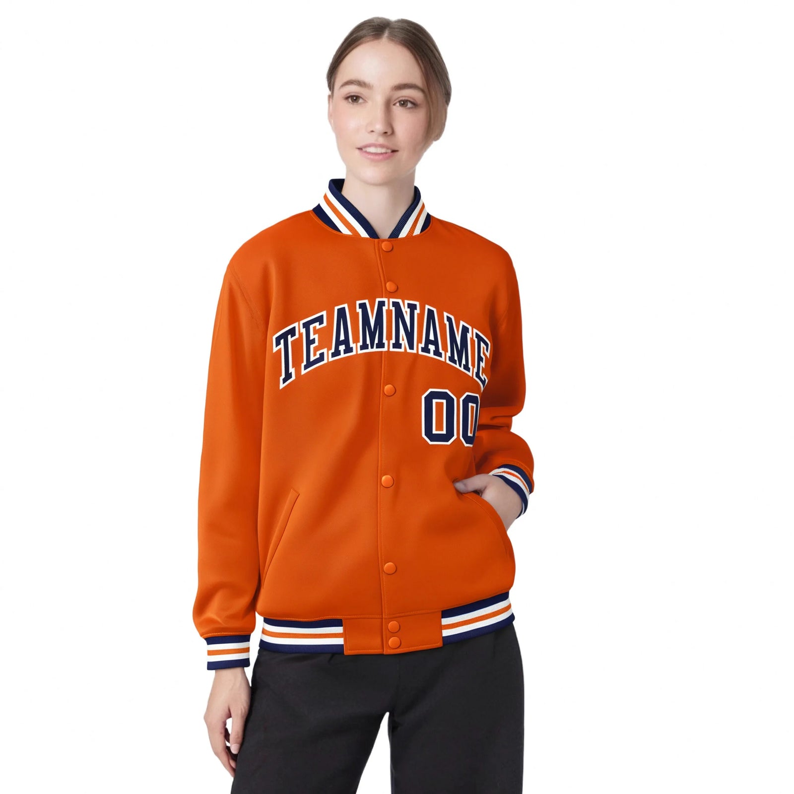 Custom Orange Navy-White Bomber Full-Snap Varsity Letterman Jacket
