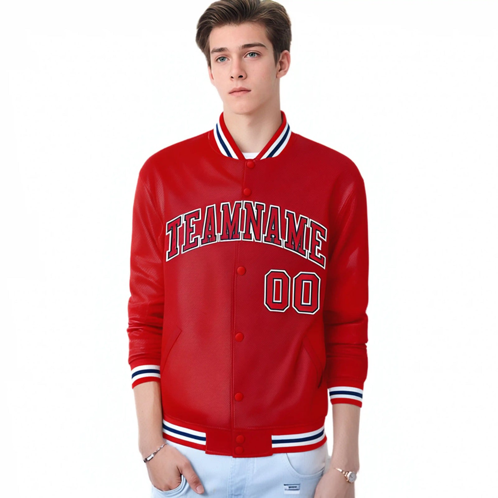 Custom Royal-Red White Bomber Full-Snap Varsity Letterman Jacket