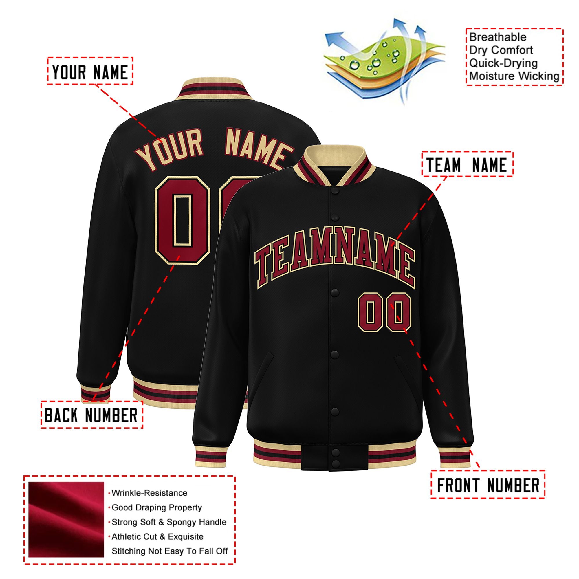 Custom Black Burgundy Old-Gold Bomber Full-Snap Varsity Letterman Jacket