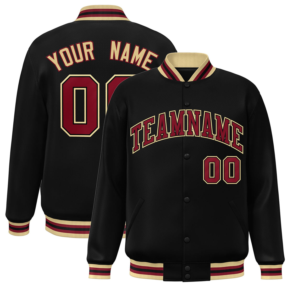 Custom Black Burgundy Old-Gold Bomber Full-Snap Varsity Letterman Jacket