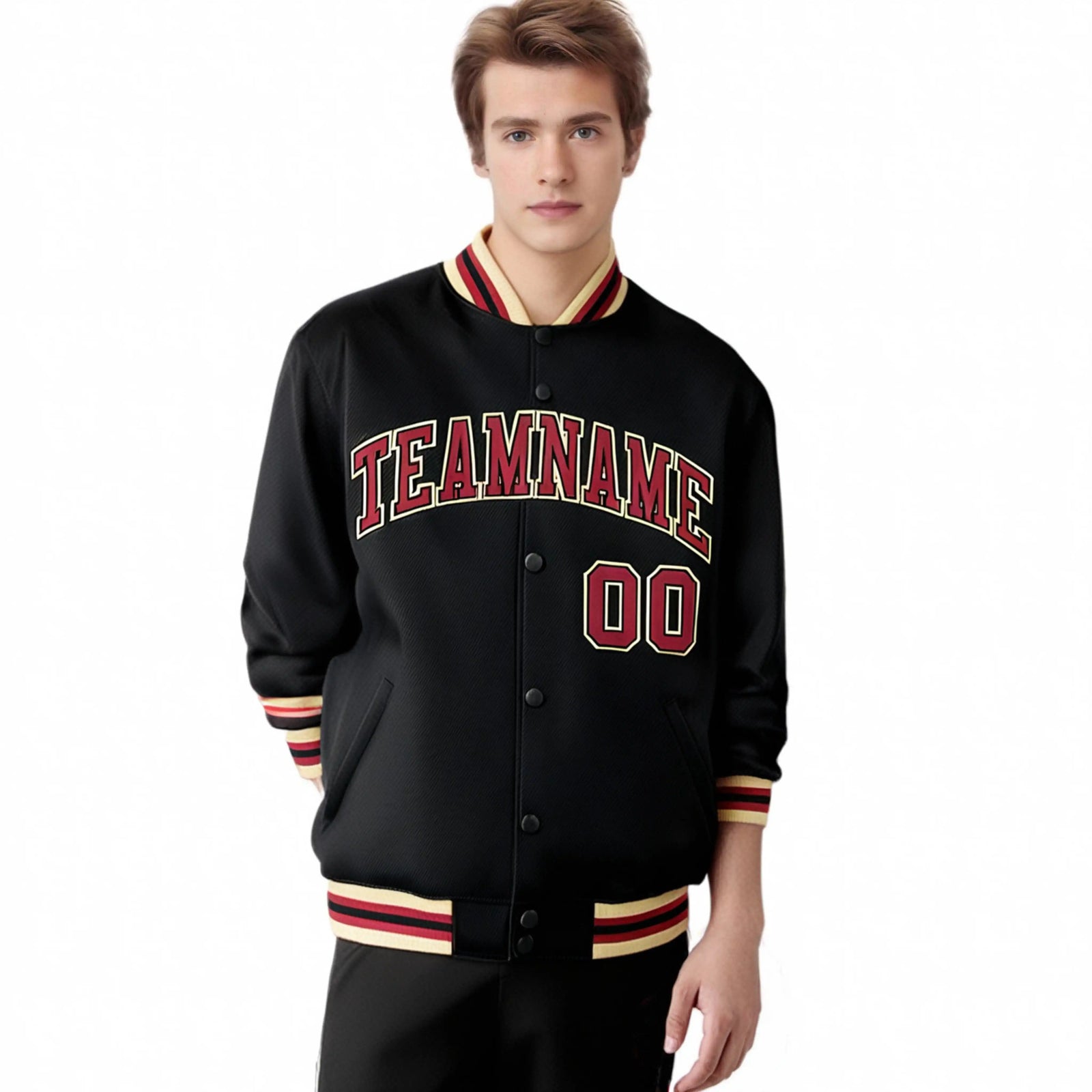 Custom Black Burgundy Old-Gold Bomber Full-Snap Varsity Letterman Jacket
