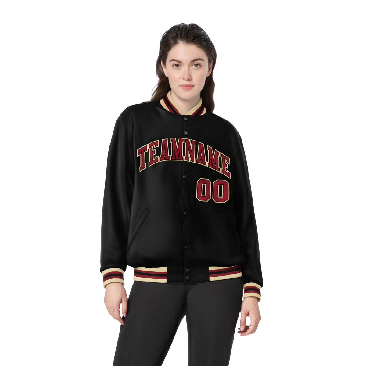 Custom Black Burgundy Old-Gold Bomber Full-Snap Varsity Letterman Jacket