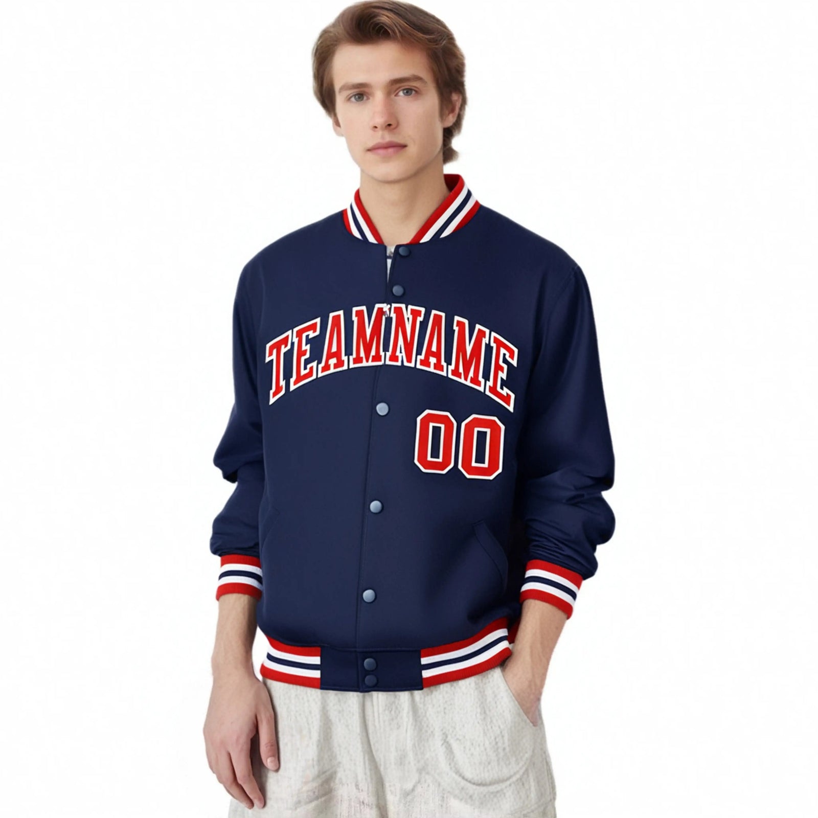 Custom Navy Red-White Bomber Full-Snap Varsity Letterman Jacket