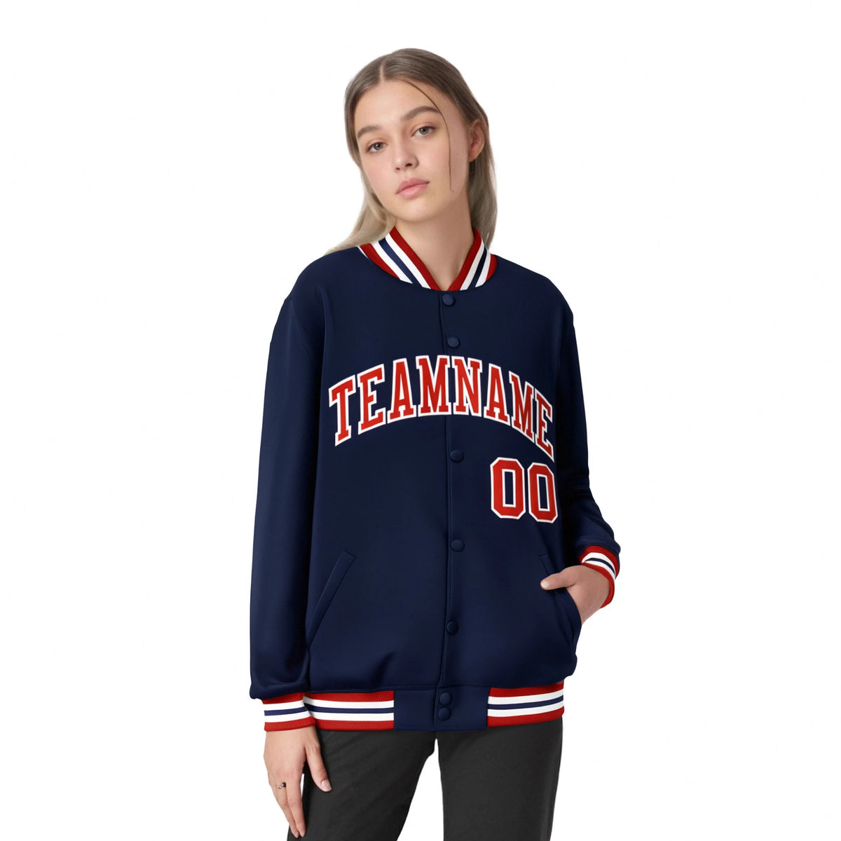 Custom Navy Red-White Bomber Full-Snap Varsity Letterman Jacket