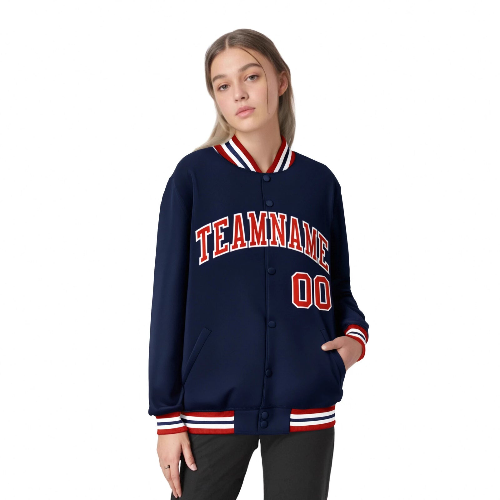 Custom Navy Red-White Bomber Full-Snap Varsity Letterman Jacket