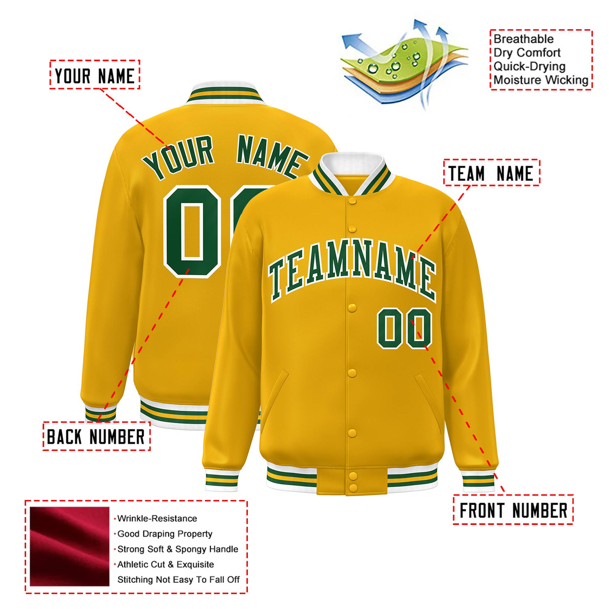 Custom Yellow Green-White Bomber Full-Snap Varsity Letterman Jacket