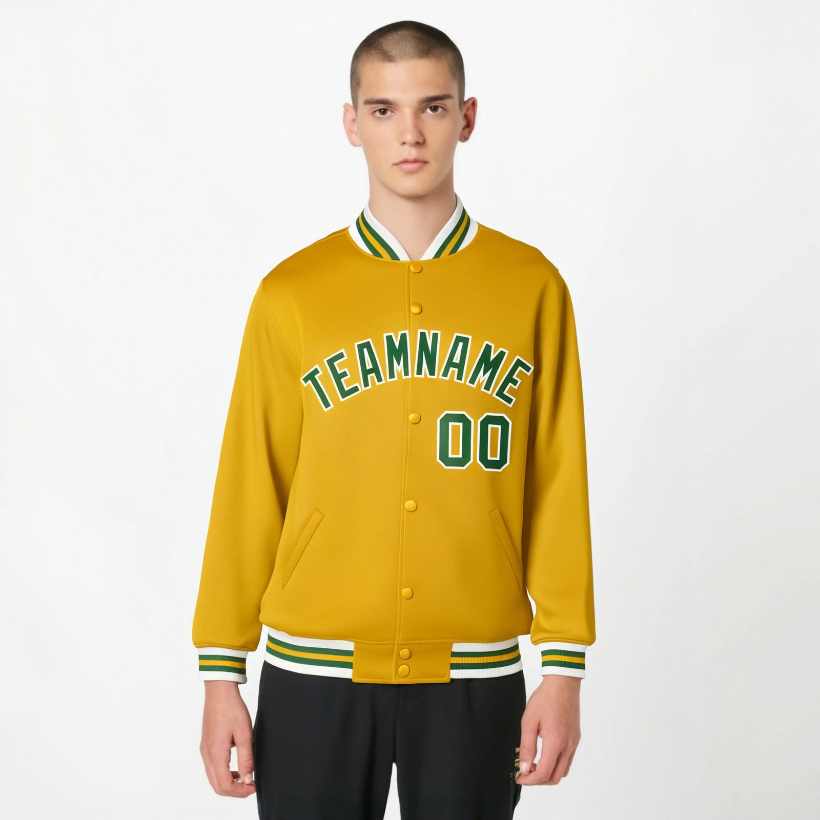 Custom Yellow Green-White Bomber Full-Snap Varsity Letterman Jacket